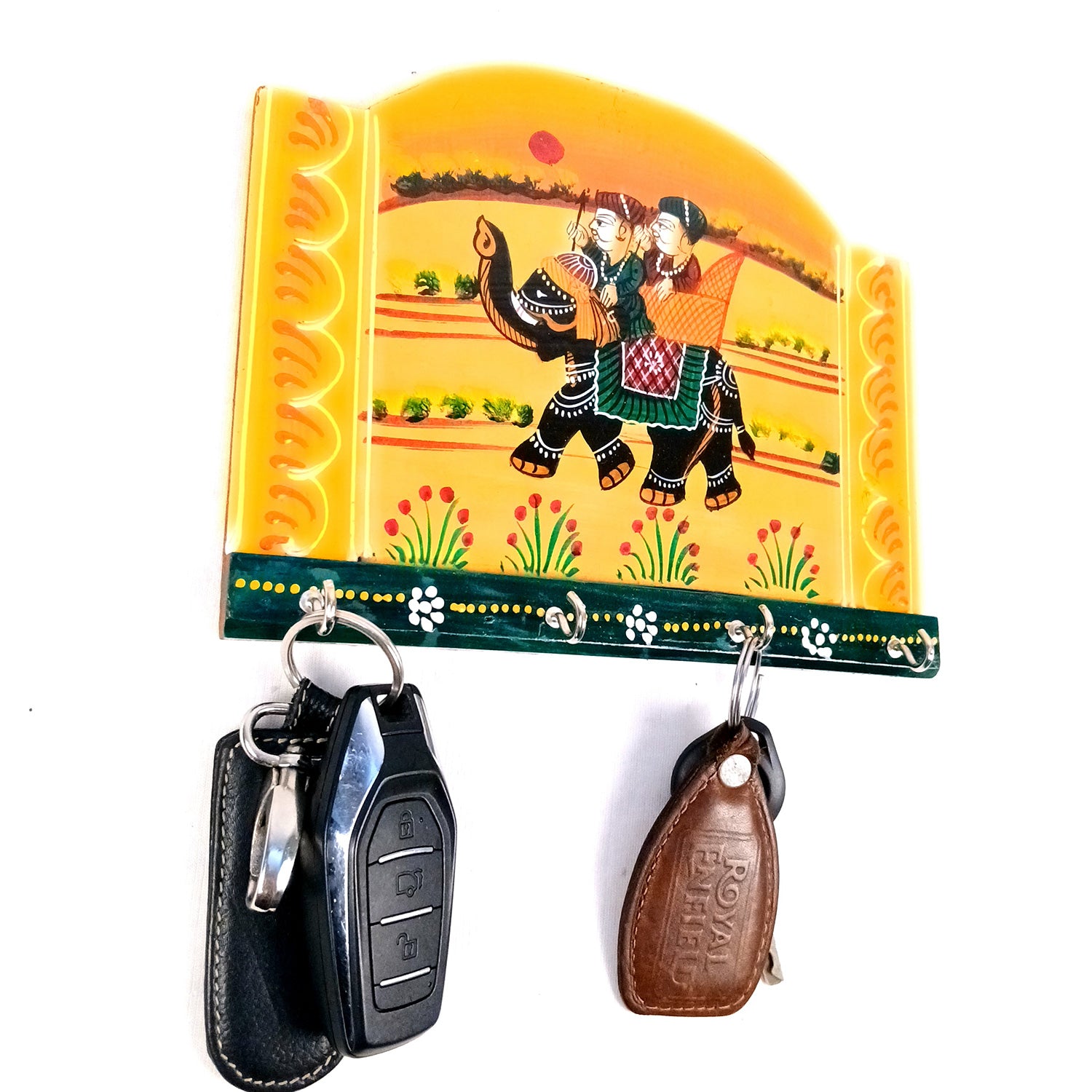 Key Holder Wall Hanging | Handpainted Key Hook Stand With 4 Hooks | Keys Organizer - For Home, Entrance, Office Decor & Gifts - 9 Inch (Wood, Green) - Apkamart