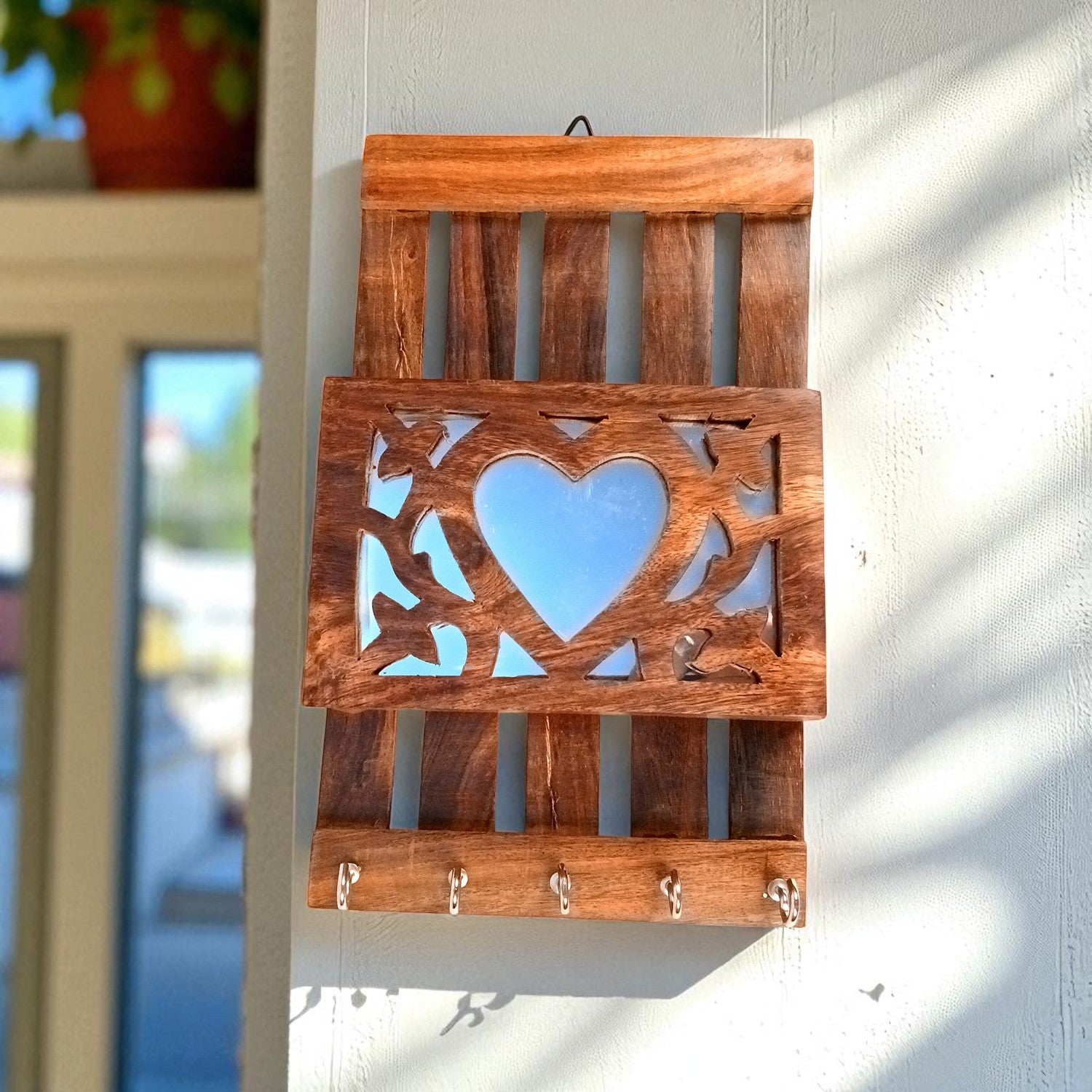 Key Holder with Letter Box | Key Hook Stand | Wooden Keys & Paper Organizer - For Home, Entrance, Office Decor & Gifts - 10 Inch (5 Hooks) - Apkamart
