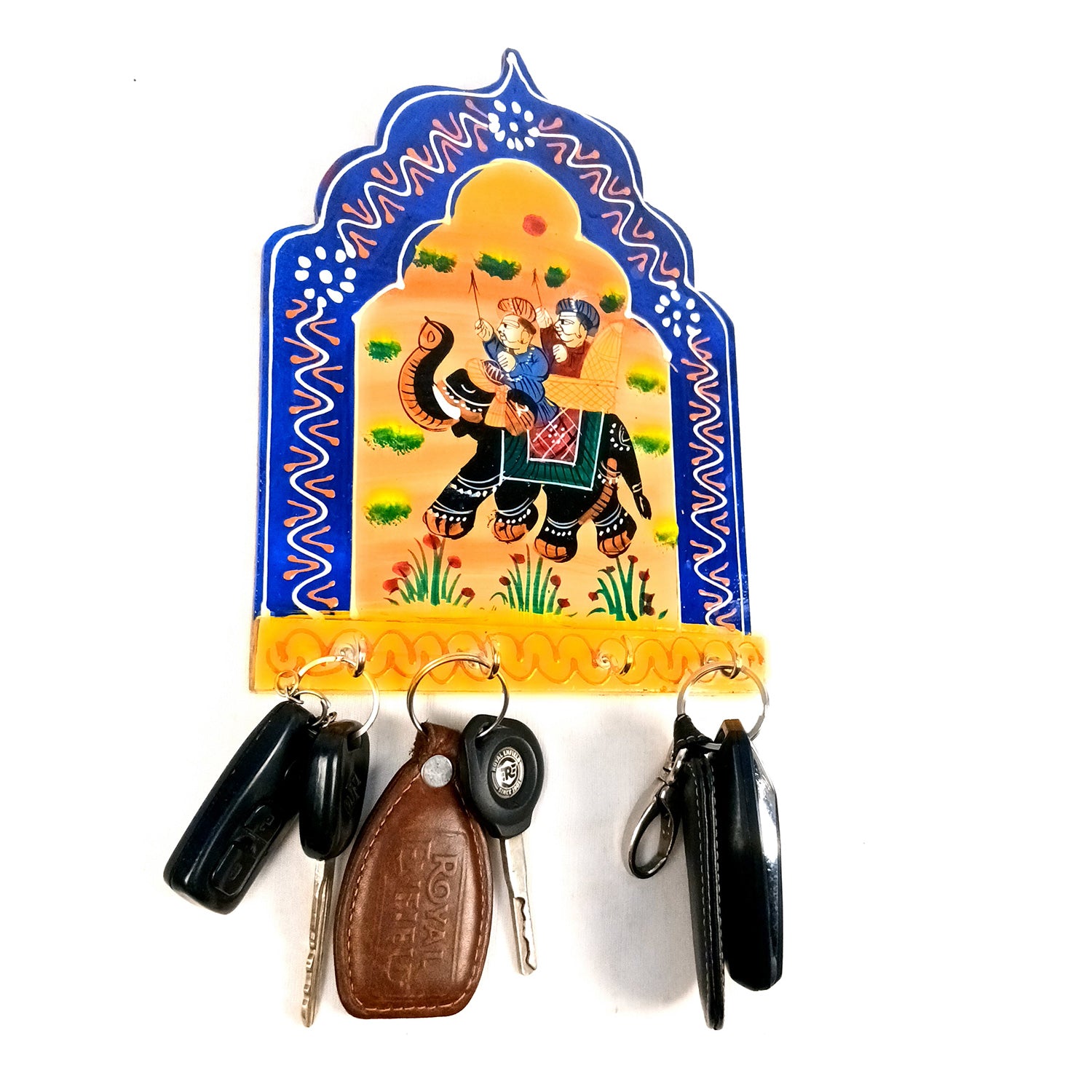 Key Holder Wall Hanging | Key Stand With 4 Hooks | Keys Organizer - For Home, Entrance, Office Decor & Gifts - 9 Inch (Wood, Blue) - Apkamart