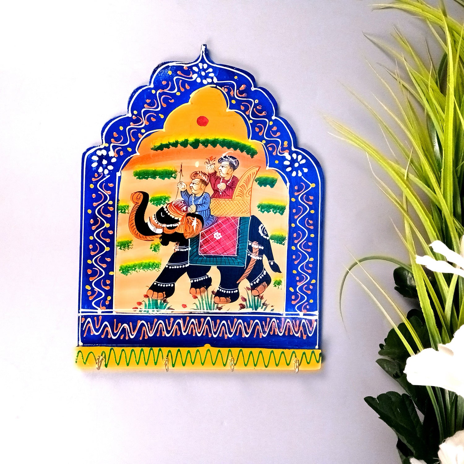 Key Hook Wall Decor | Handpainted Key Holder Stand With 4 Hooks | Key Organiser - For Home, Entrance, Office Decor & Gifts - 12 Inch (Wood, Blue) - Apkamart