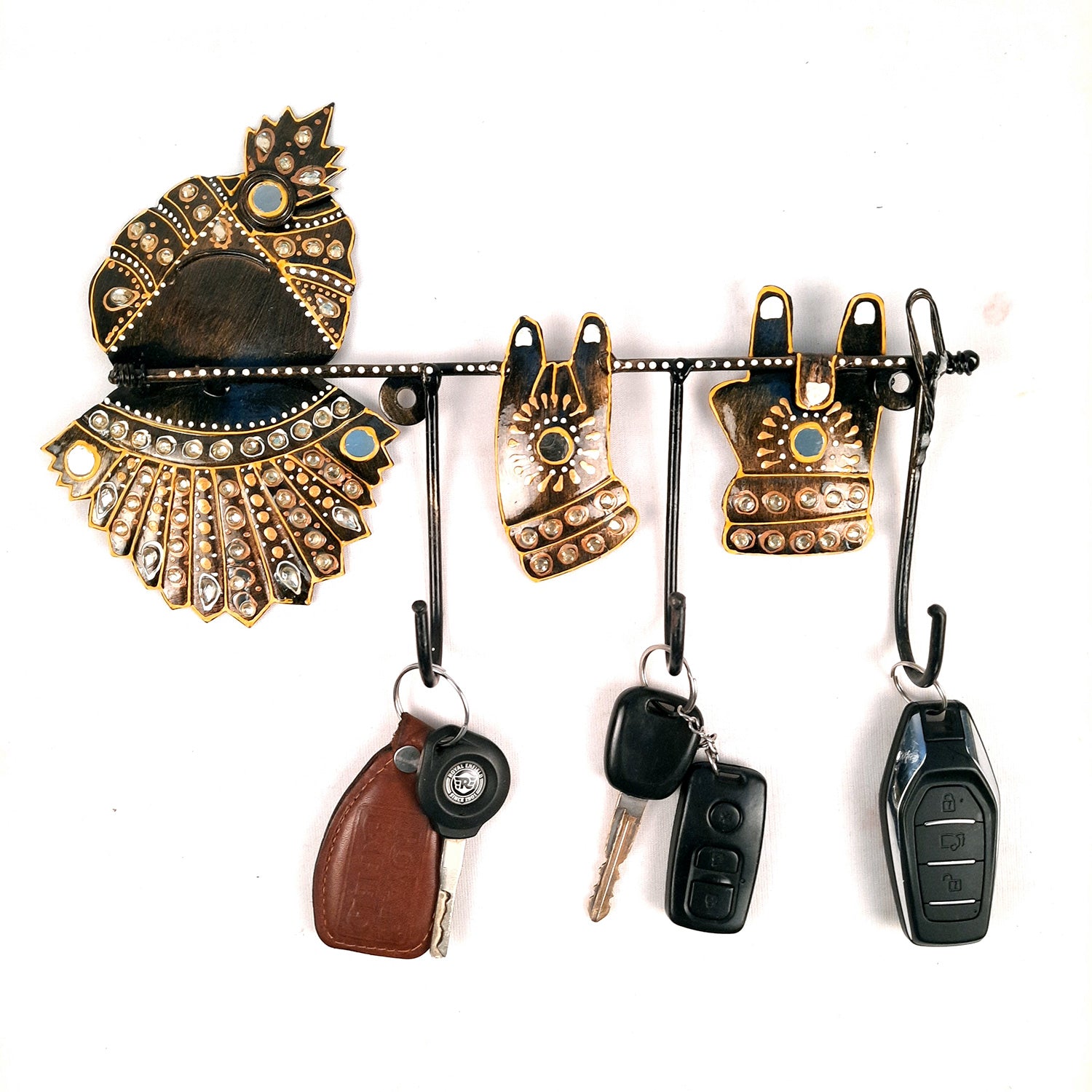 Key Holder Wall Hanging | Key Hook Hanger Stand - Krishna Design | Keys Organizer - For Home, Entrance, Office Decor & Gifts - 12 Inch (3 Hooks)