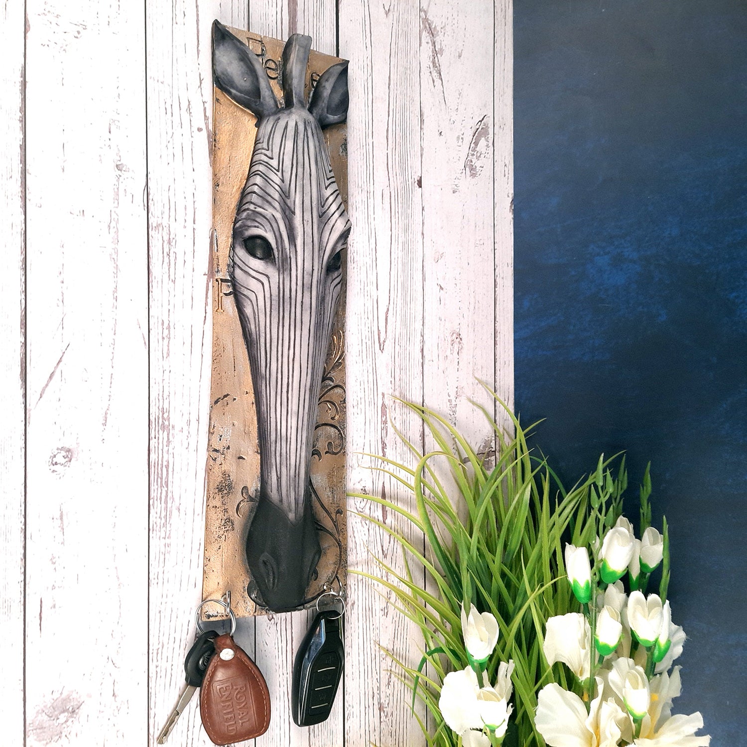 Key Holder Wall Hanging | Key Hook Hanger Stand - Zebra Design  | Keys Organizer - For Home, Entrance, Office Decor & Gifts - 16 Inch (2 Hooks)