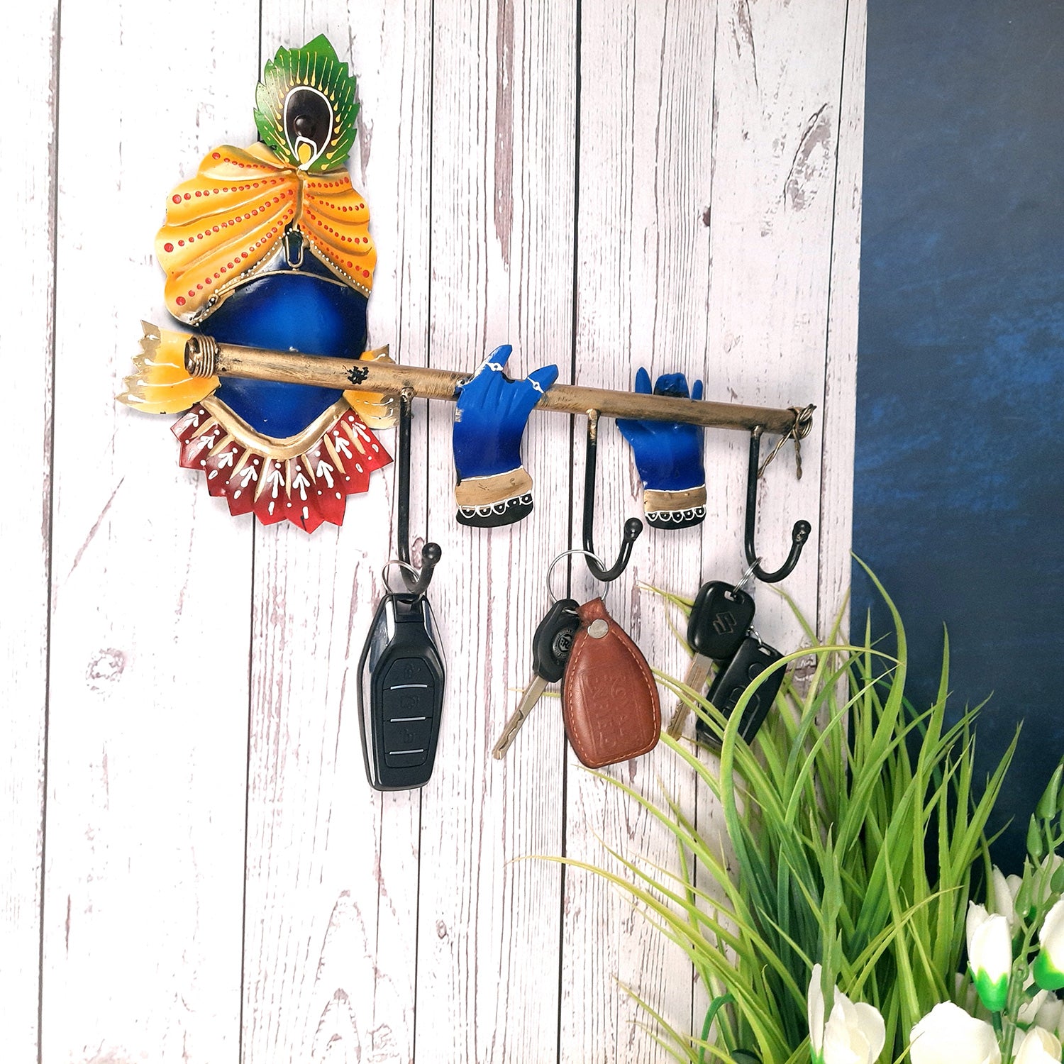Key Hook Wall Hanging | Key Holder Stand - Krishna Design | Key Hanger Organiser - For Home, Entrance, Office Decor & Gifts - 13 Inch (3 Hooks)