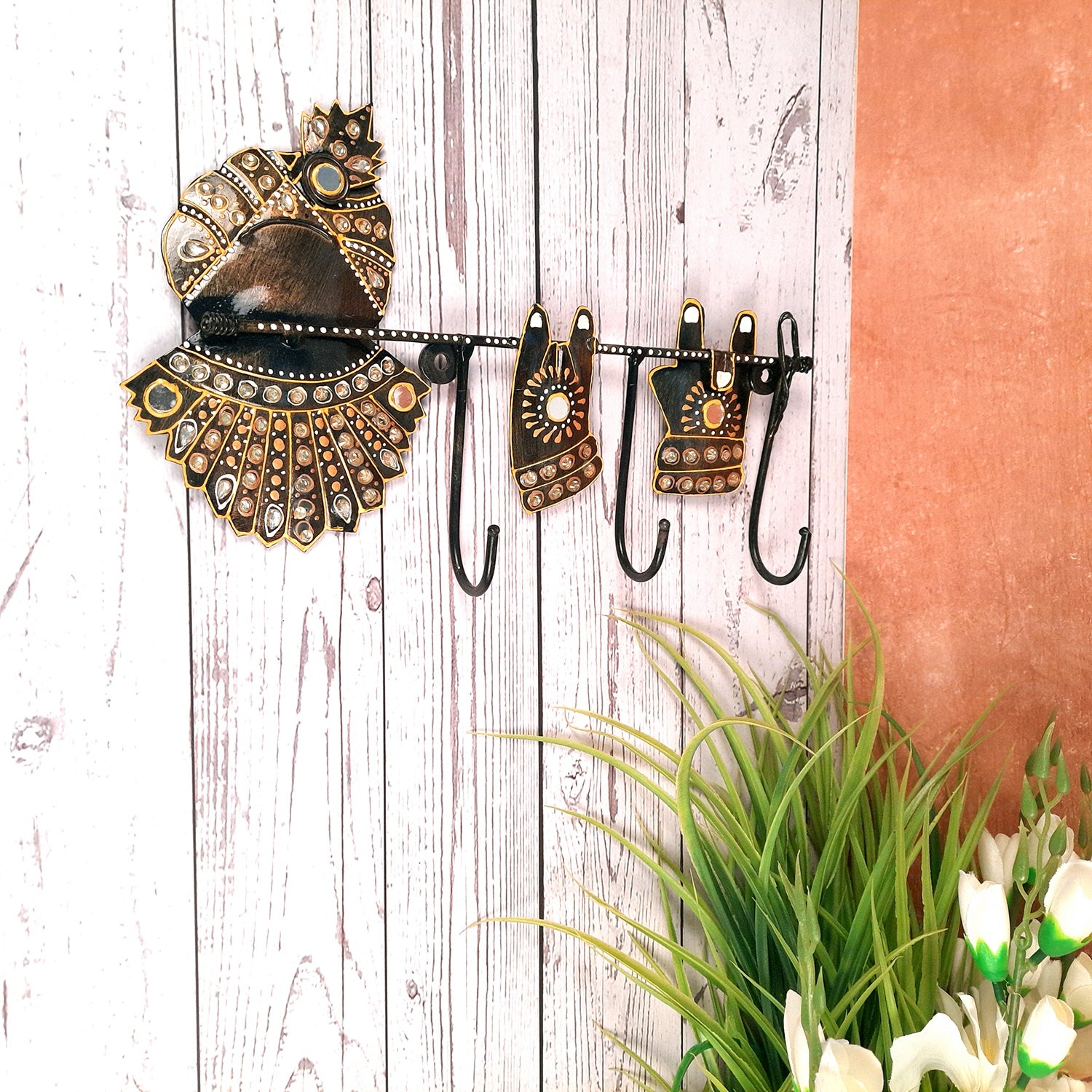 Key Holder Wall Hanging | Key Hook Hanger Stand - Krishna Design | Keys Organizer - For Home, Entrance, Office Decor & Gifts - 12 Inch (3 Hooks)