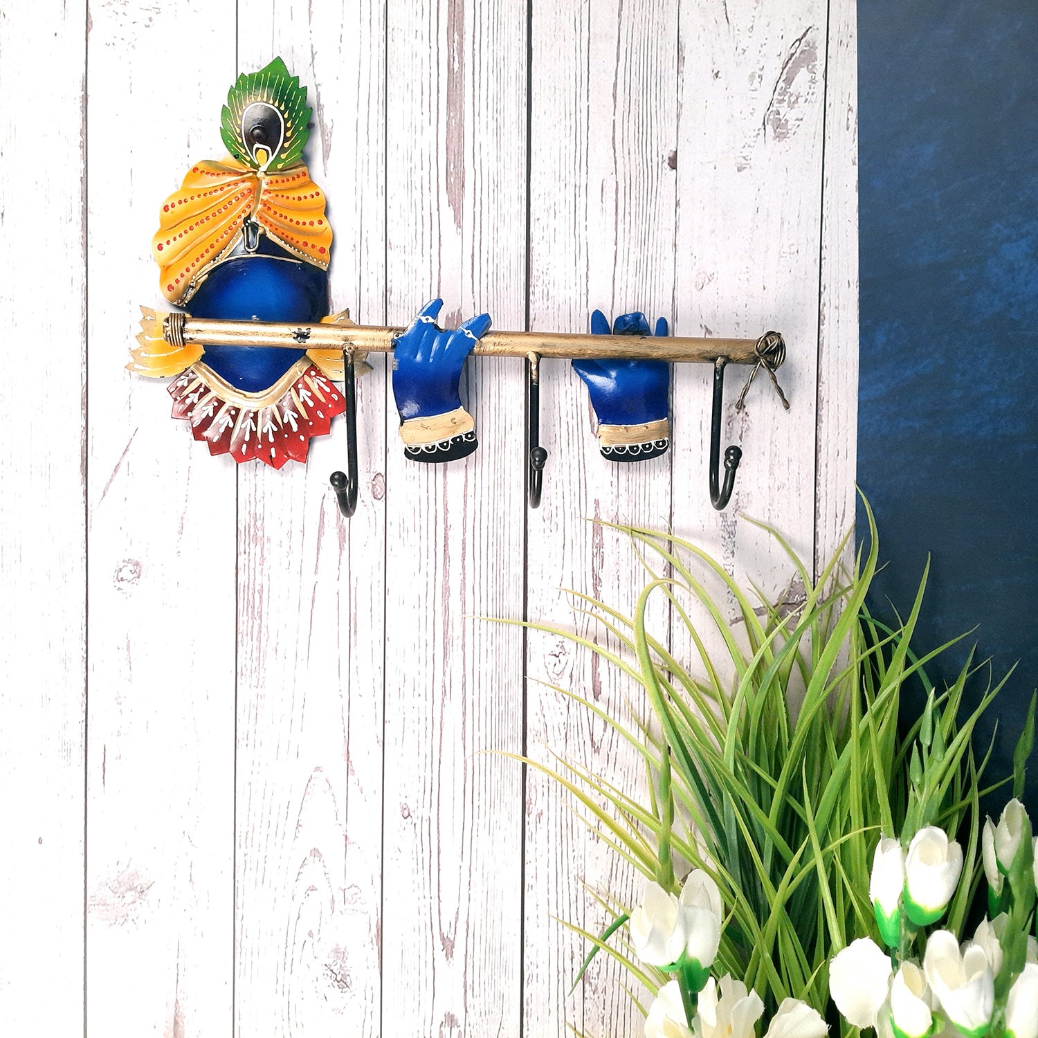 Key Hook Wall Hanging | Key Holder Stand - Krishna Design | Key Hanger Organiser - For Home, Entrance, Office Decor & Gifts - 13 Inch (3 Hooks)