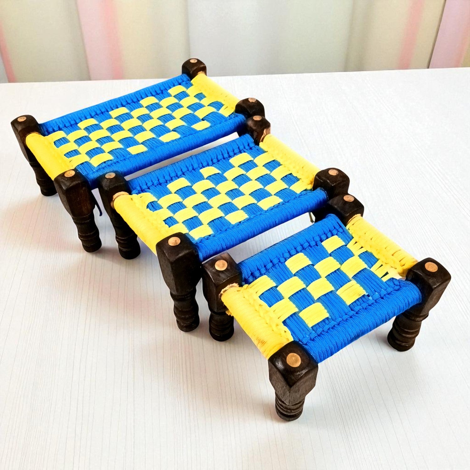 Charpai Khaat Bed Miniature | Wood & Jute Small Chaarpai Khat Cot - for Ladoo Gopal Ji, Home Decor, For keeping God Showpieces | Kids Toys Gift - 10 Inch (Pack of 3) - Apkamart