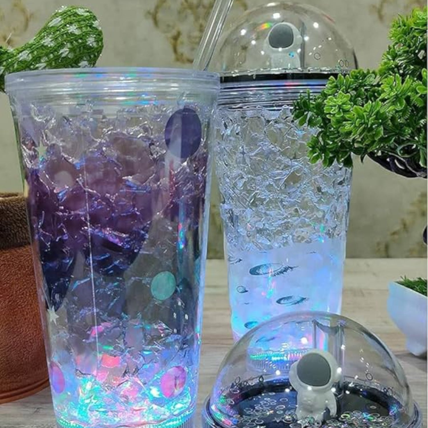 Sipper Bottle With LED Glow Light - Space / Astronaut Design | Tumbler with Straw & Lid - For Kids Birthday Gift & Return Gift - Apkamart #Style_Pack of 1