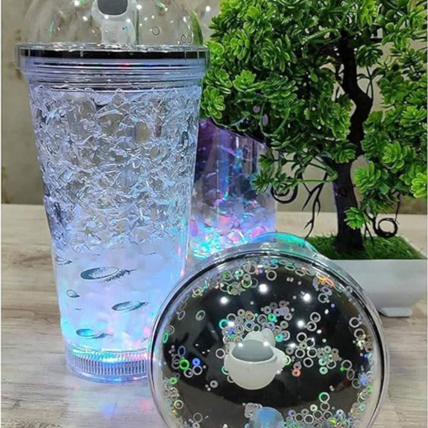 Sipper Bottle With LED Glow Light - Space / Astronaut Design | Tumbler with Straw & Lid - For Kids Birthday Gift & Return Gift - Apkamart #Style_Pack of 1