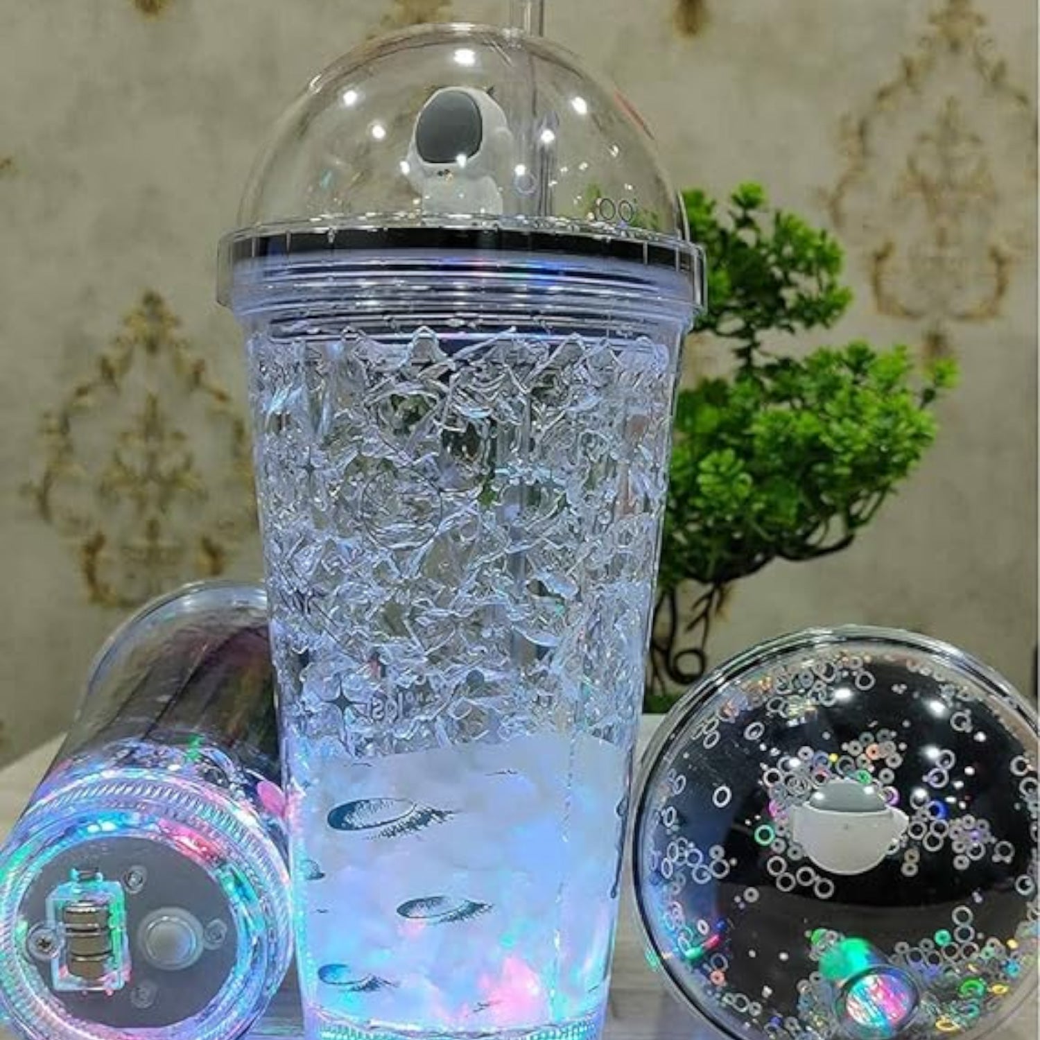 Sipper Bottle With LED Glow Light - Space / Astronaut Design | Tumbler with Straw & Lid - For Kids Birthday Gift & Return Gift - Apkamart #Style_Pack of 2