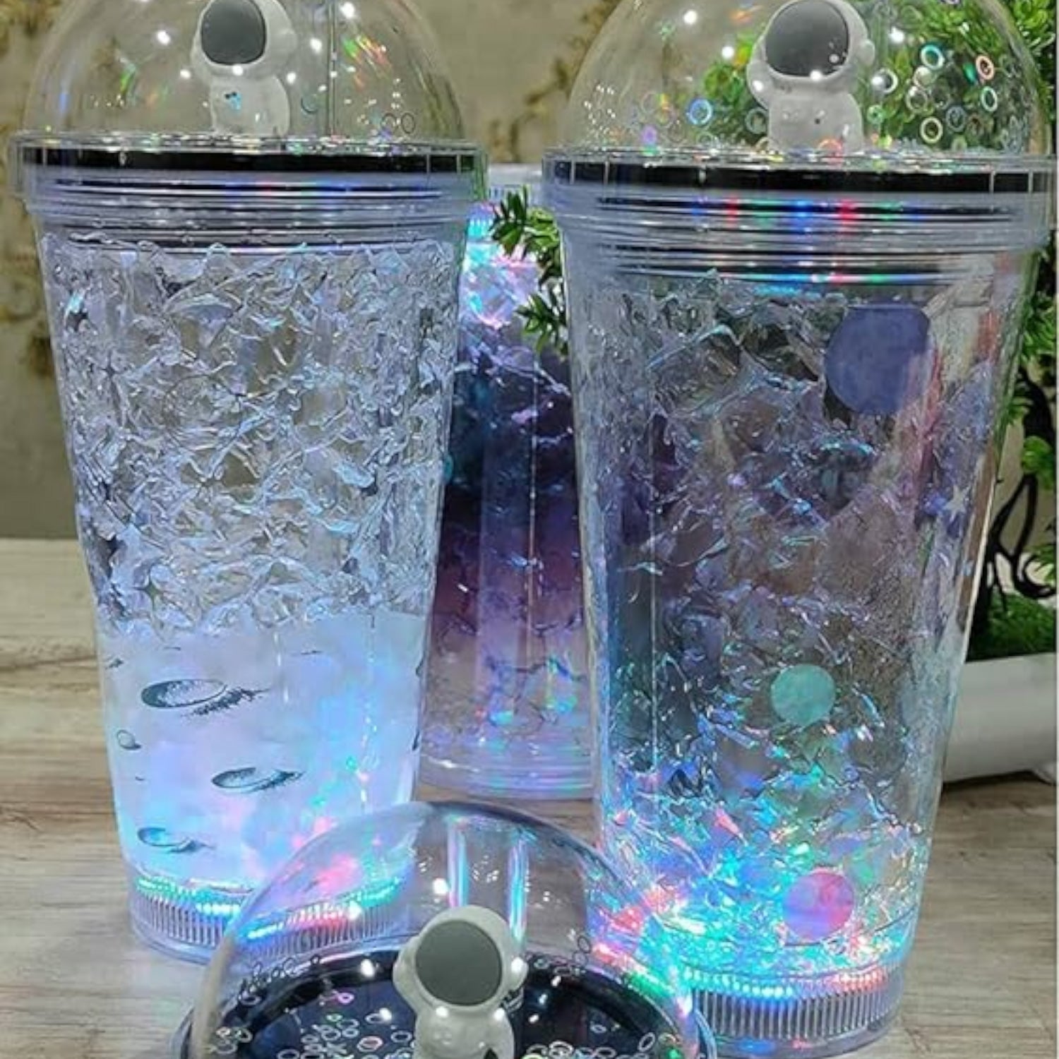 Sipper Bottle With LED Glow Light - Space / Astronaut Design | Tumbler with Straw & Lid - For Kids Birthday Gift & Return Gift - Apkamart #Style_Pack of 2