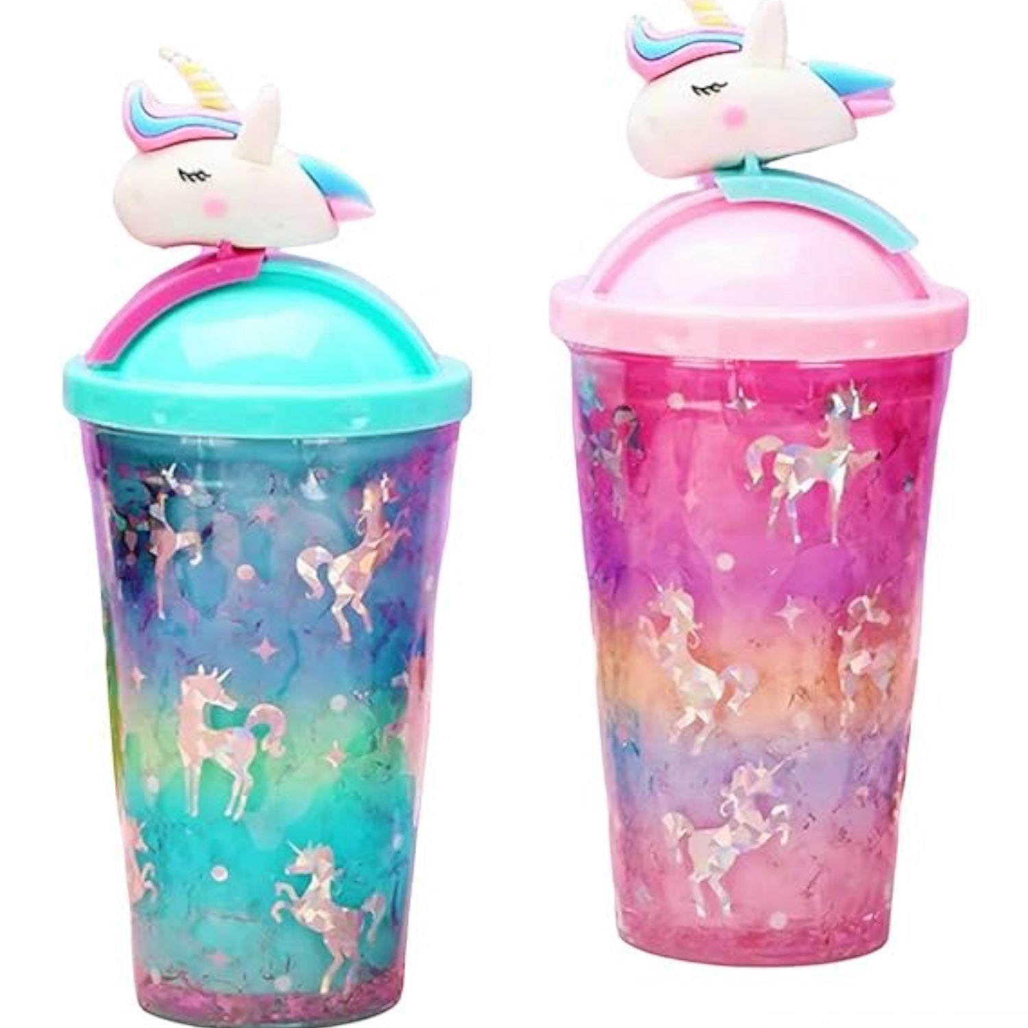 Unicorn Design Sipper Bottler with Straw | Open with Slide With Unicorn Top - For Kids Birthday Gift & Return Gift - Apkamart #Style_Pack of 2