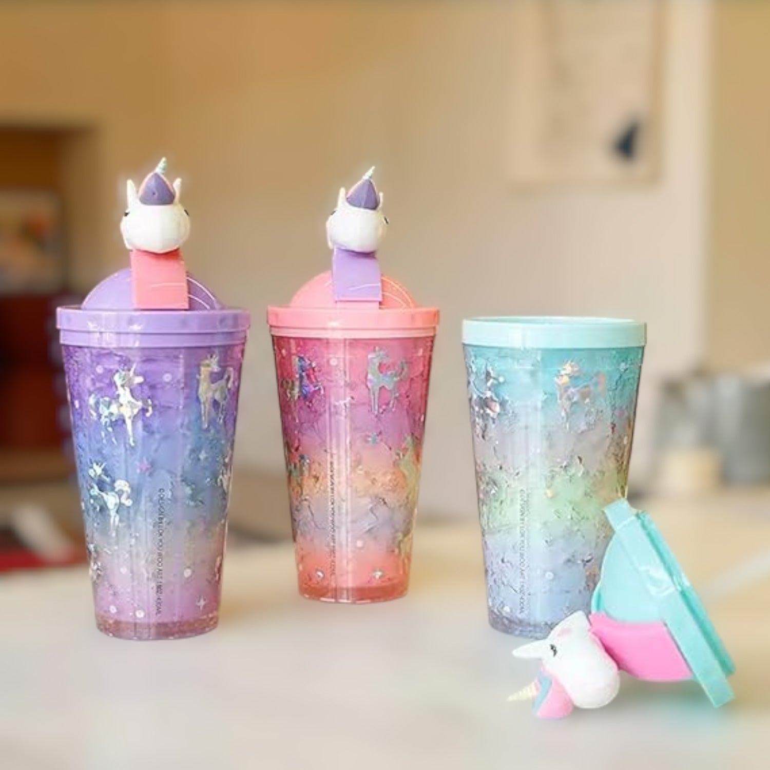 Unicorn Design Sipper Bottler with Straw | Open with Slide With Unicorn Top - For Kids Birthday Gift & Return Gift - Apkamart #Style_Pack of 2