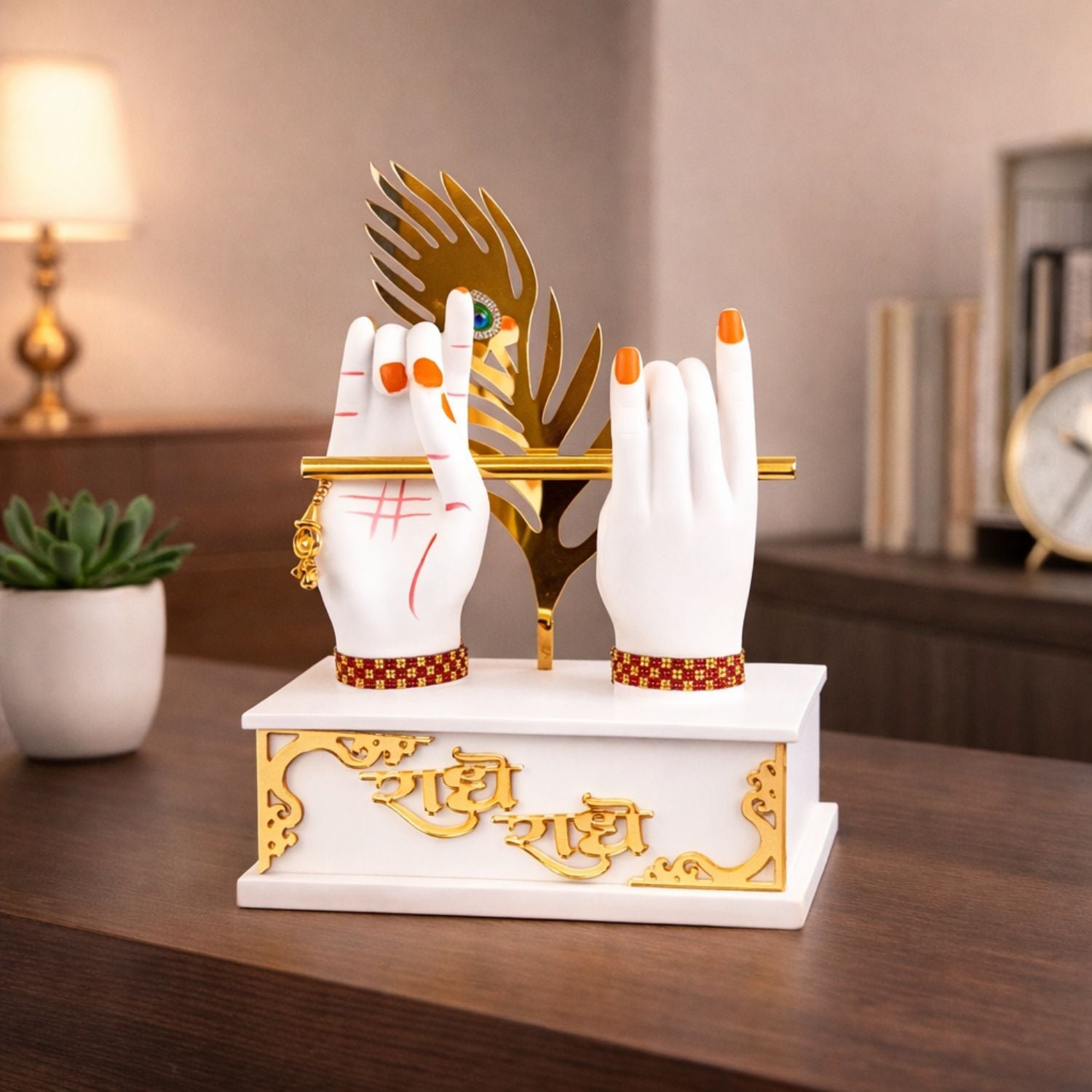 Radha Krishna Hand Statue with Flute Showpiece | Radha Krishna Statue Murti - for Home, Living Room, Office, Entrance Decor & Gifts - 12 Inch - Apkamart