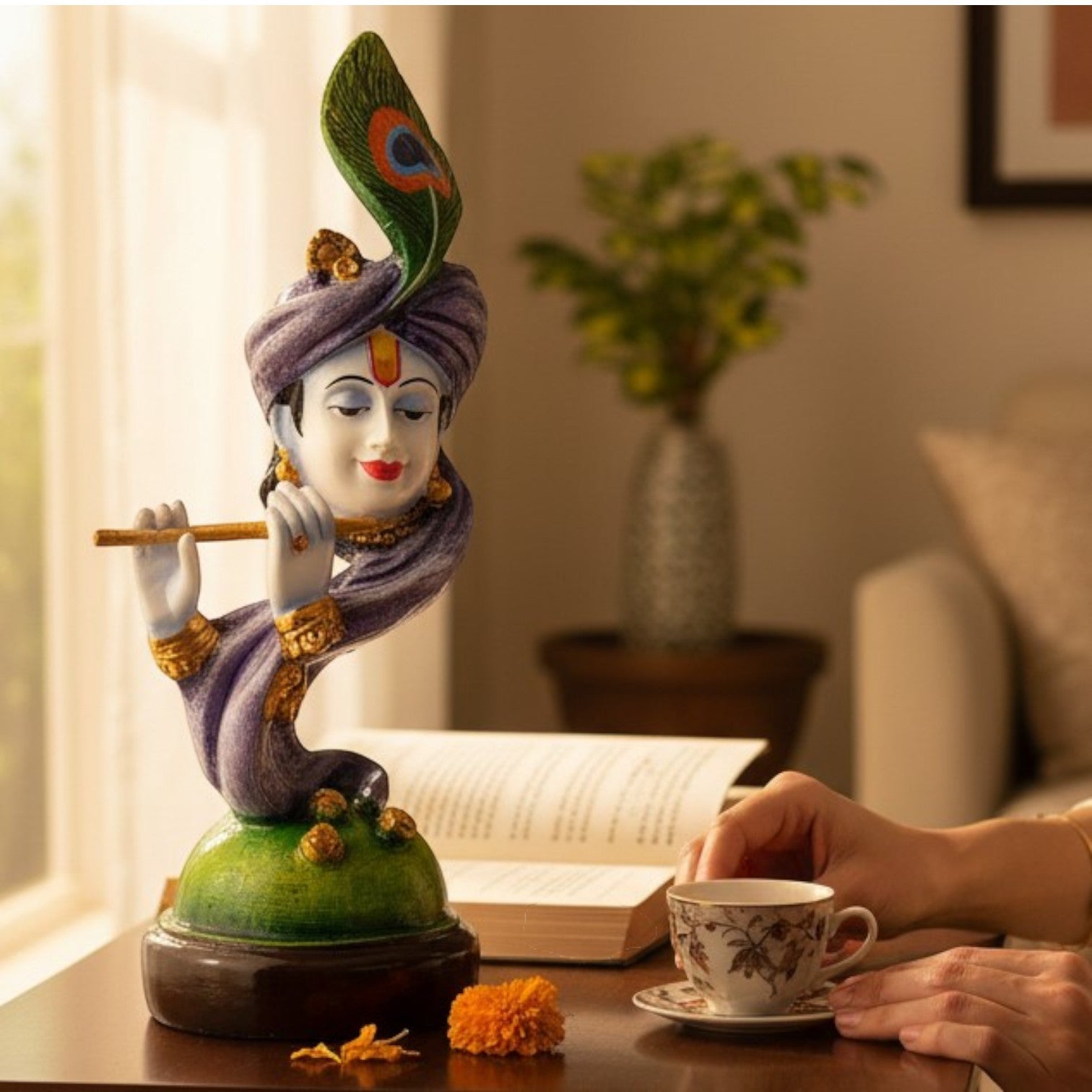 Krishna Statue Multicolor with Bansuri | Shri Krishna Idol for Home, Pooja Room & Vastu | Religious Table Decor, Diwali & Janmashtami Gift - 11 Inch - Apkamart