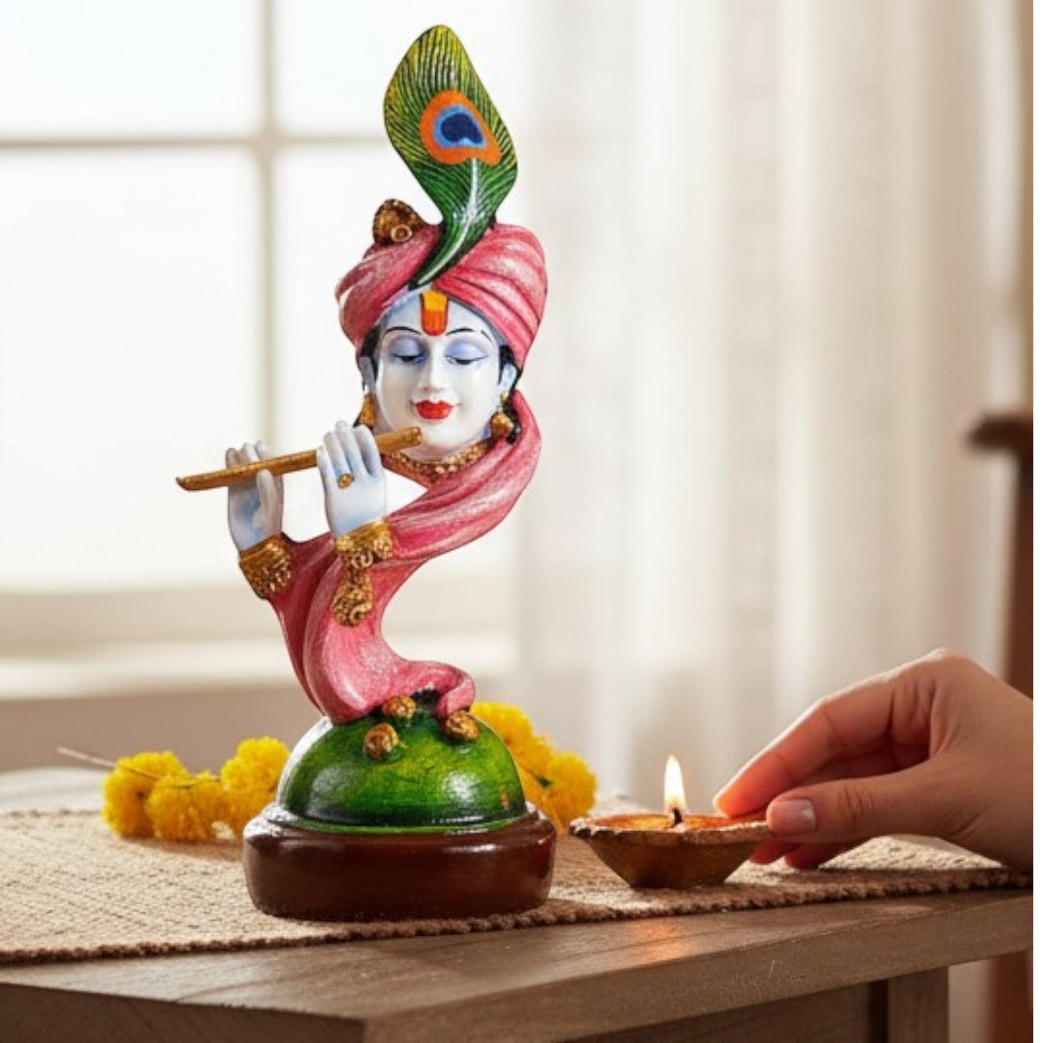 Krishna Statue with Bansuri for Home & Pooja Room Decor | Religious Table Decor, Diwali & Janmashtami Gift - 11 Inch - Apkamart