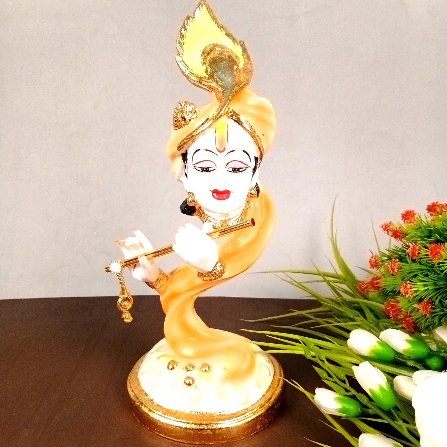 Lord Krishan Idol Murti| Decorative Krishna Face Statue Showpiece - for Home, Puja Room, Table Decor, Living Room, Office Desk & Gift - 14 inch - Apkamart