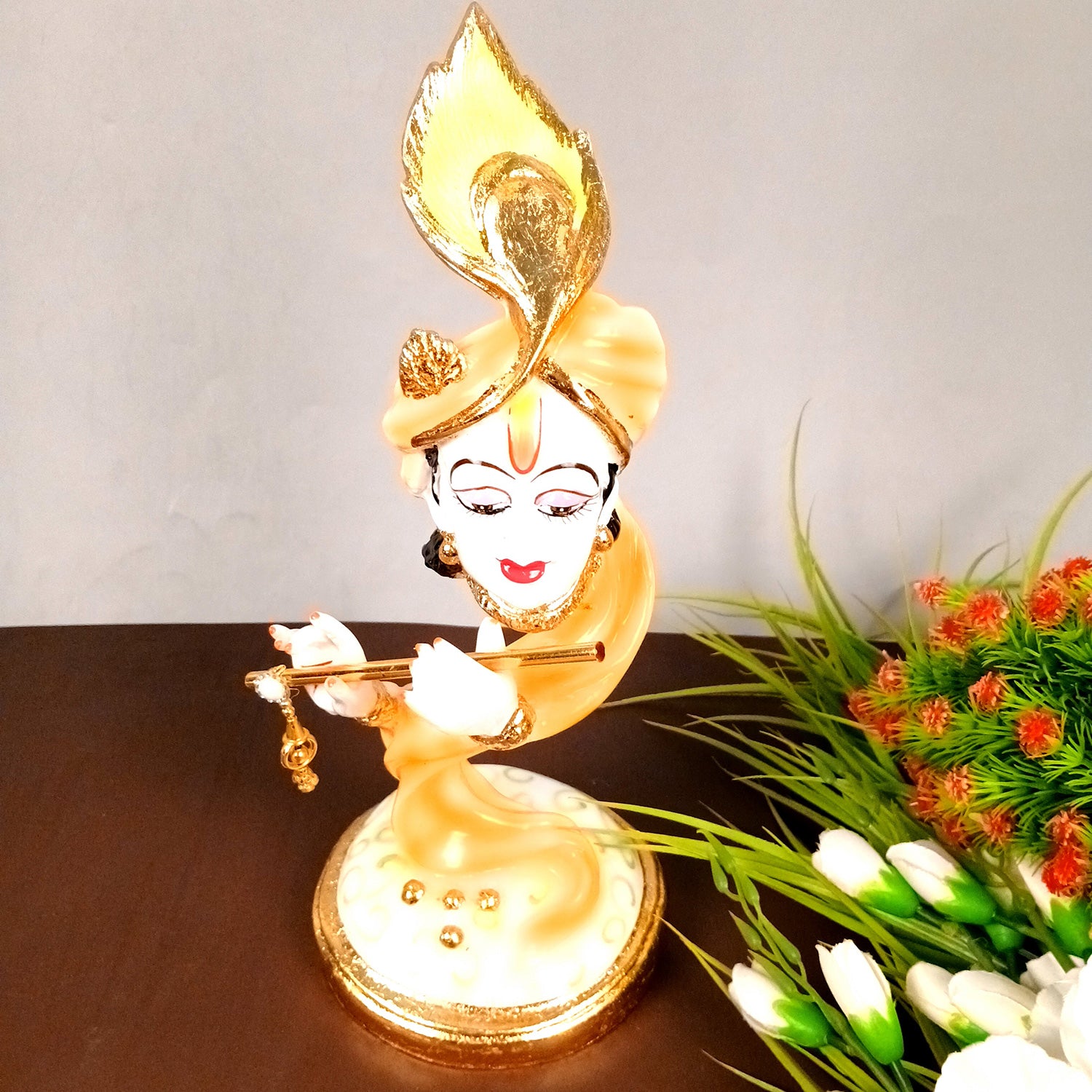Lord Krishan Idol Murti| Decorative Krishna Face Statue Showpiece - for Home, Puja Room, Table Decor, Living Room, Office Desk & Gift - 14 inch - Apkamart