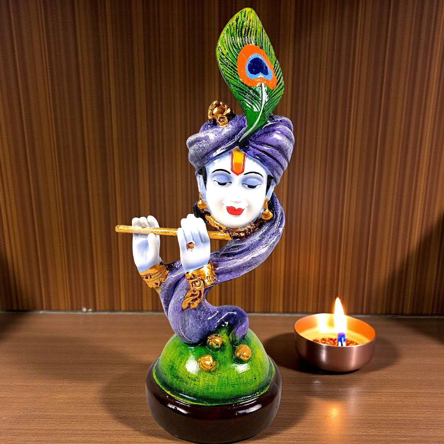 Krishna Statue Multicolor with Bansuri | Shri Krishna Idol for Home, Pooja Room & Vastu | Religious Table Decor, Diwali & Janmashtami Gift - 11 Inch - Apkamart