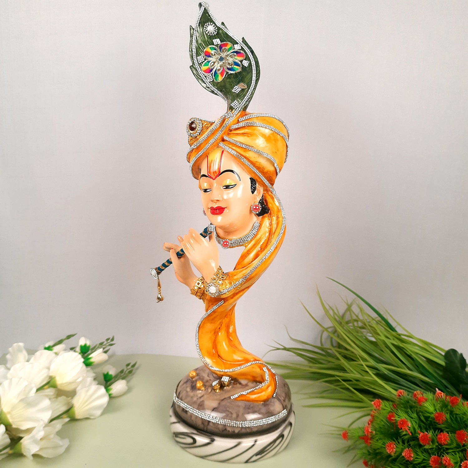 Krishna Statue | Shri Krishna Playing Flute Idol | Lord Krishna Murti - for Home, Living Room, Office, Puja, Entrance Decoration & Gifts - 13 Inch - Apkamart #Color_Yellow