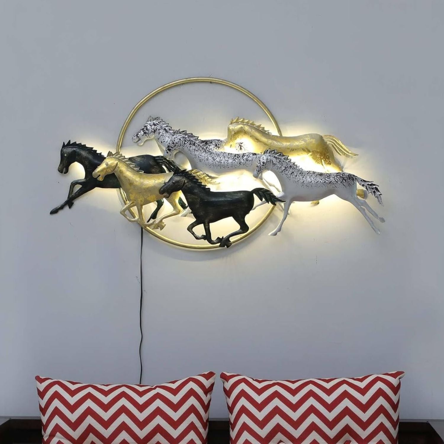 7 Horse Wall Hanging with LED Light | Decorative Backlit Metal Wall Decor - For Home, Office, Living Room Wall Decor & Gifts - 35 Inch - Apkamart