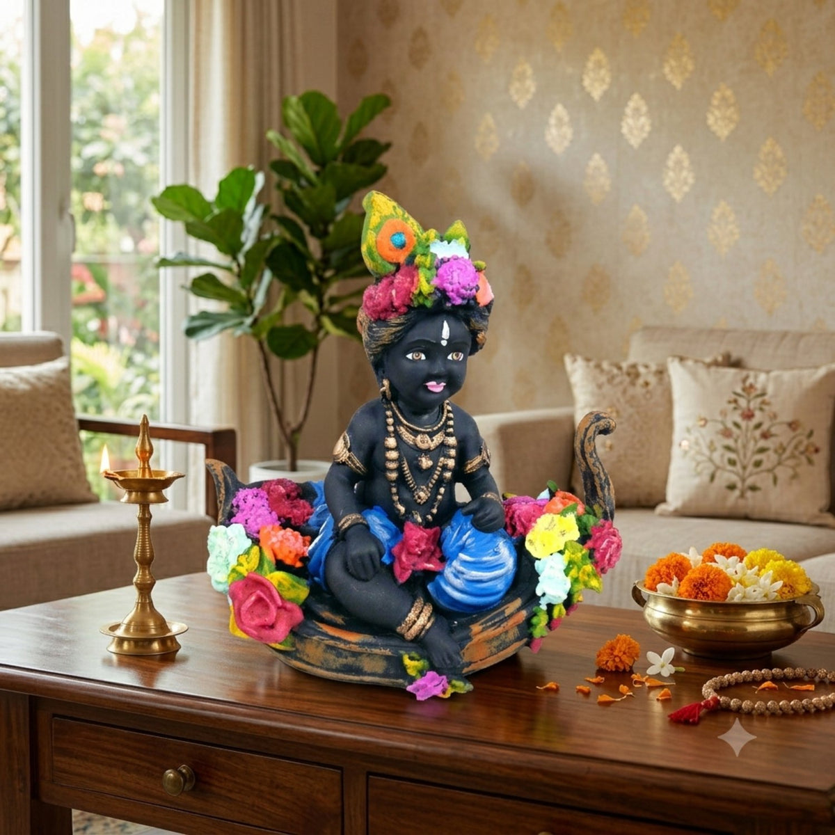 Laddu Gopal Baby Krishna Statue Idol in Boat – 8 Inch-apkamart