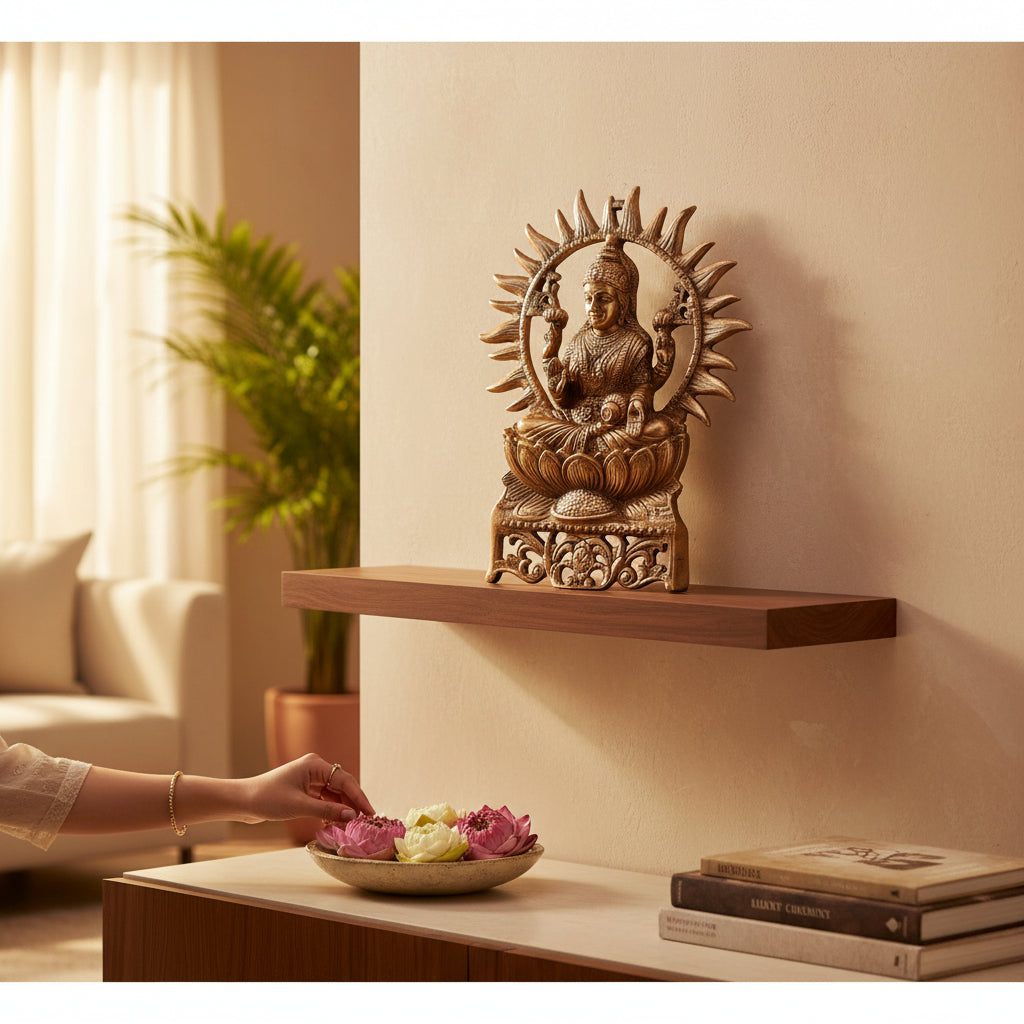 Goddess Lakshmi Wall Hanging | Maa Laxmi Metal Idol Sitting in Lotus | Religious Wall Decor for Home, Pooja Room, Office & Living Room - 16 Inch - Apkamart