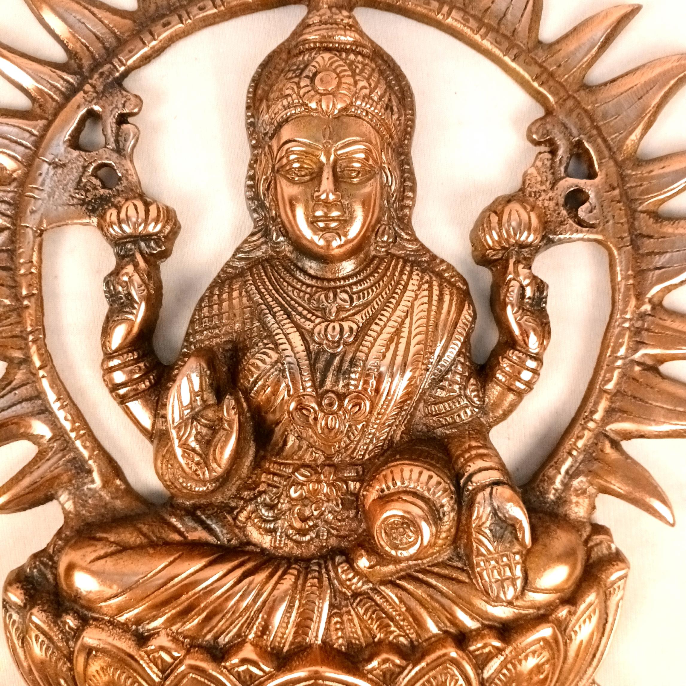 Goddess Lakshmi Wall Hanging | Maa Laxmi Metal Idol Sitting in Lotus | Religious Wall Decor for Home, Pooja Room, Office & Living Room - 16 Inch - Apkamart