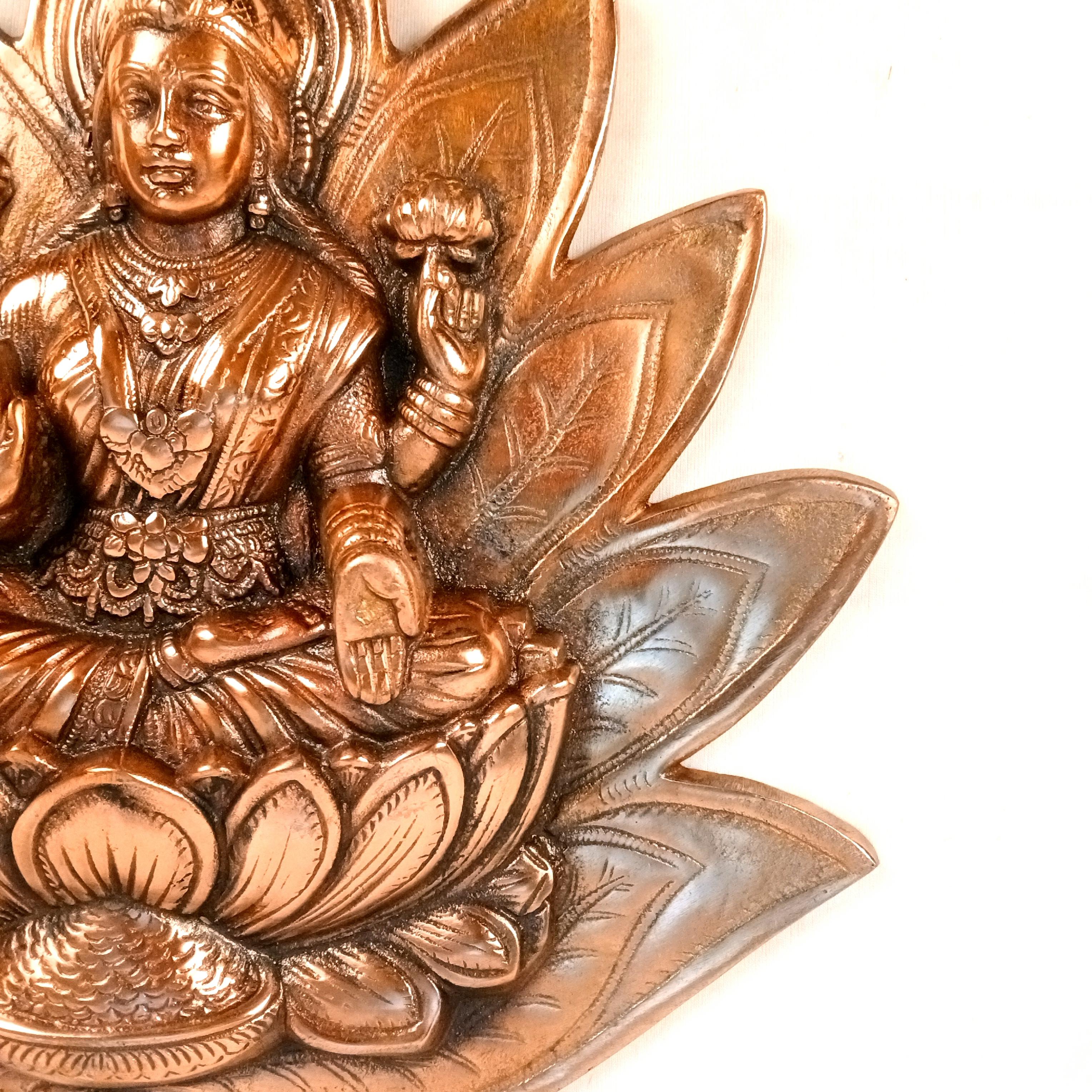 Goddess Lakshmi Wall Hanging | Maa Laxmi Metal Idol Sitting in Lotus | Religious Wall Decor for Home, Pooja Room, Office & Living Room | Auspicious Gift - 17 Inch - Apkamart 