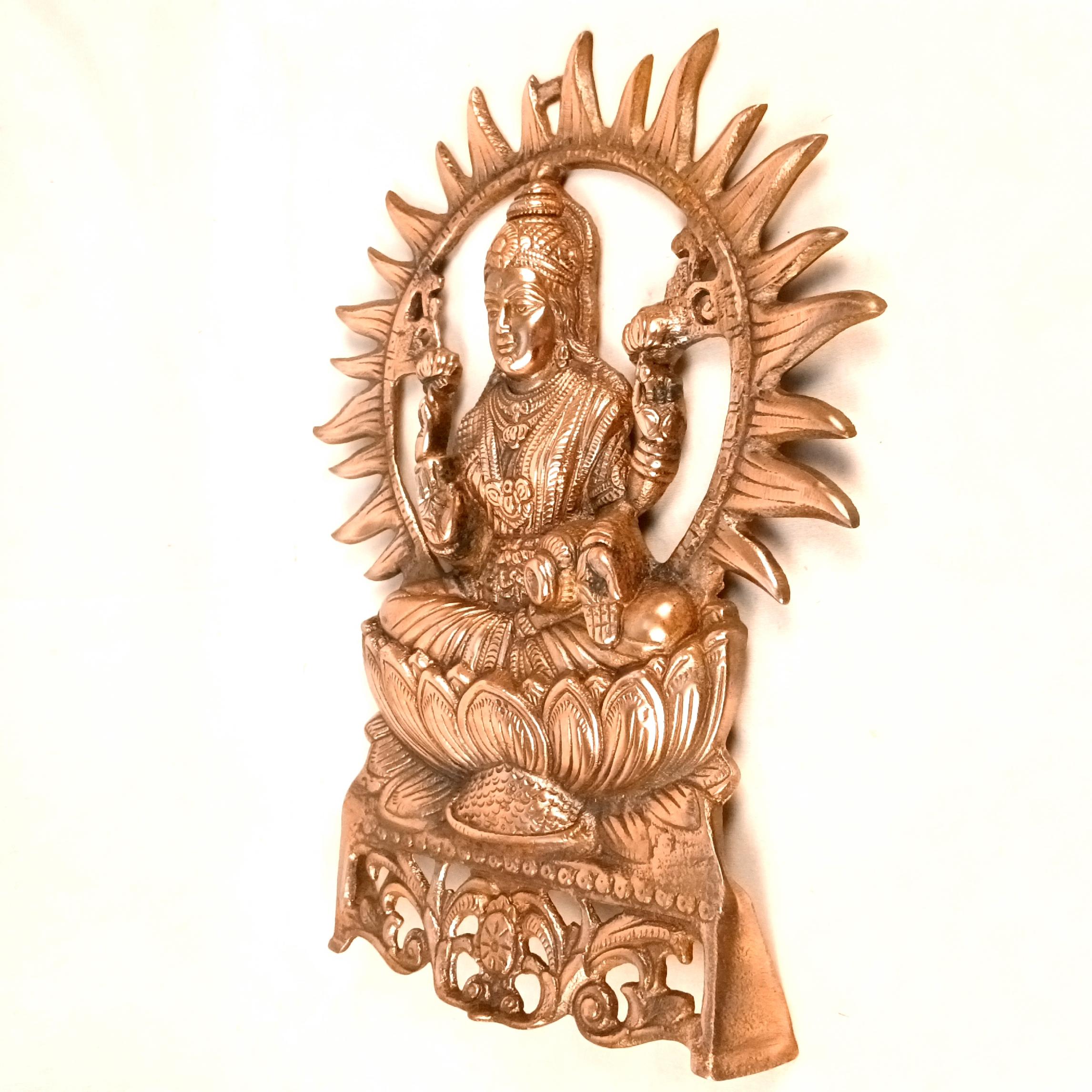 Goddess Lakshmi Wall Hanging | Maa Laxmi Metal Idol Sitting in Lotus | Religious Wall Decor for Home, Pooja Room, Office & Living Room - 16 Inch - Apkamart