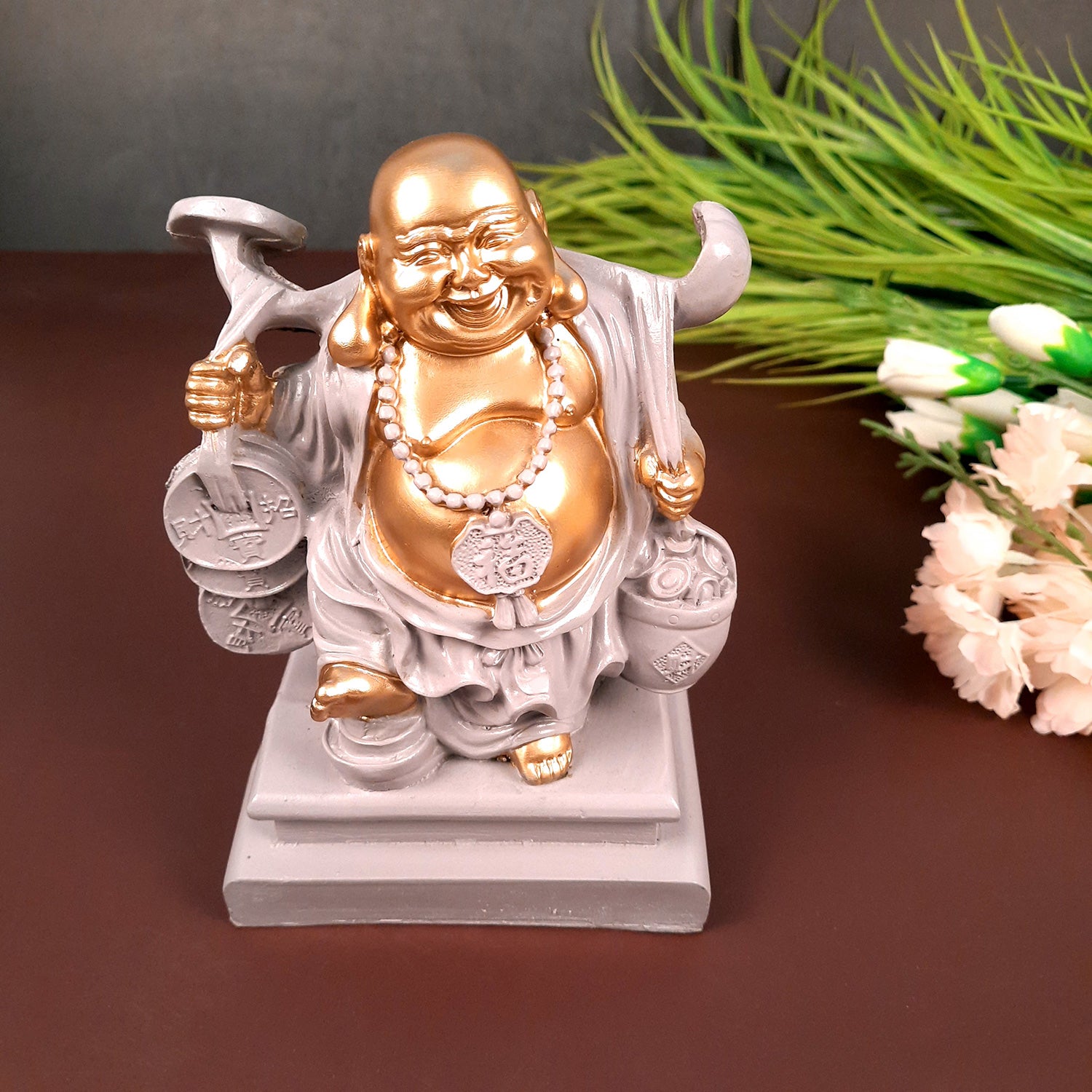 Laughing Buddha Showpiece - Standing On Coins Design - for Home & Table Decor, Health, Wealth & Gift - 9 Inch - apkamart #Style_Design 4