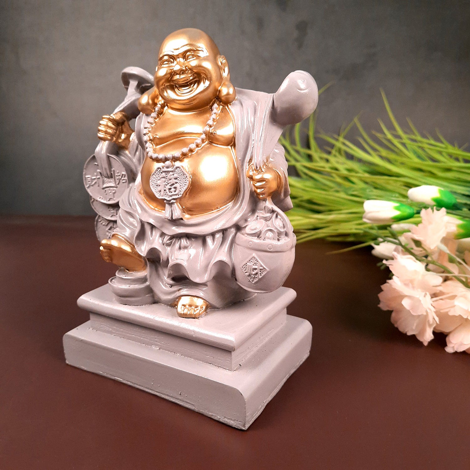 Laughing Buddha Showpiece - Standing On Coins Design - for Home & Table Decor, Health, Wealth & Gift - 9 Inch