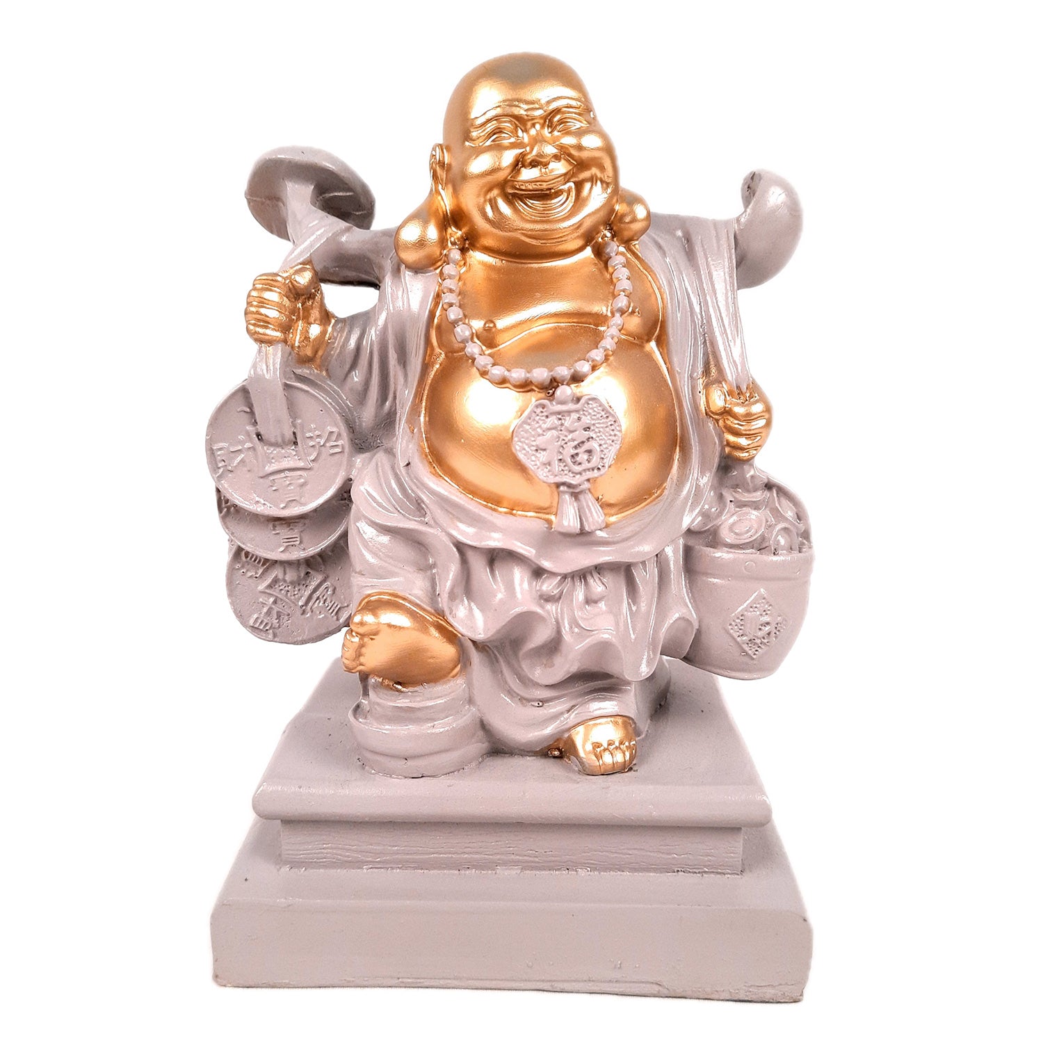 Laughing Buddha Showpiece - Standing On Coins Design - for Home & Table Decor, Health, Wealth & Gift - 9 Inch - apkamart #Style_Design 4