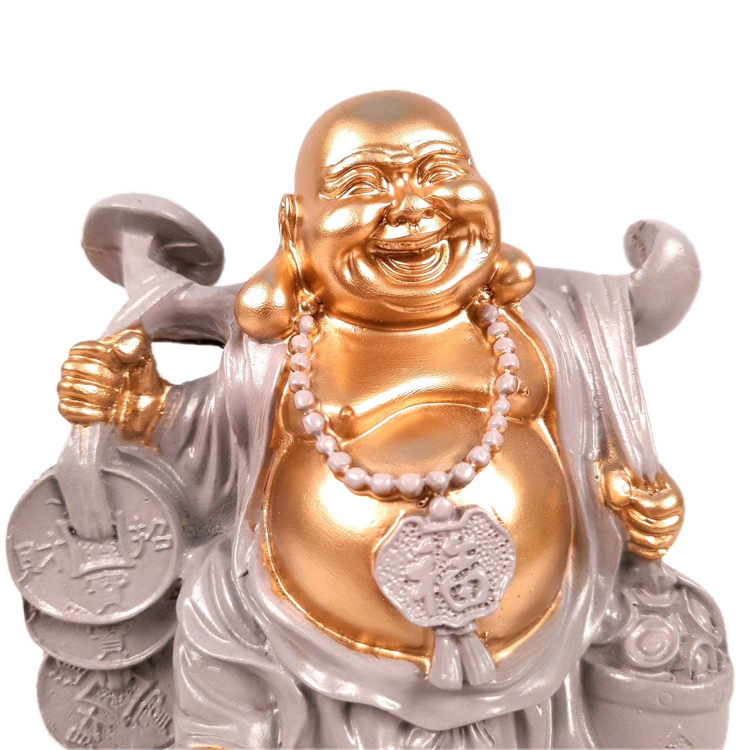 Laughing Buddha Showpiece - Standing On Coins Design - for Home & Table Decor, Health, Wealth & Gift - 9 Inch - apkamart #Style_Design 4