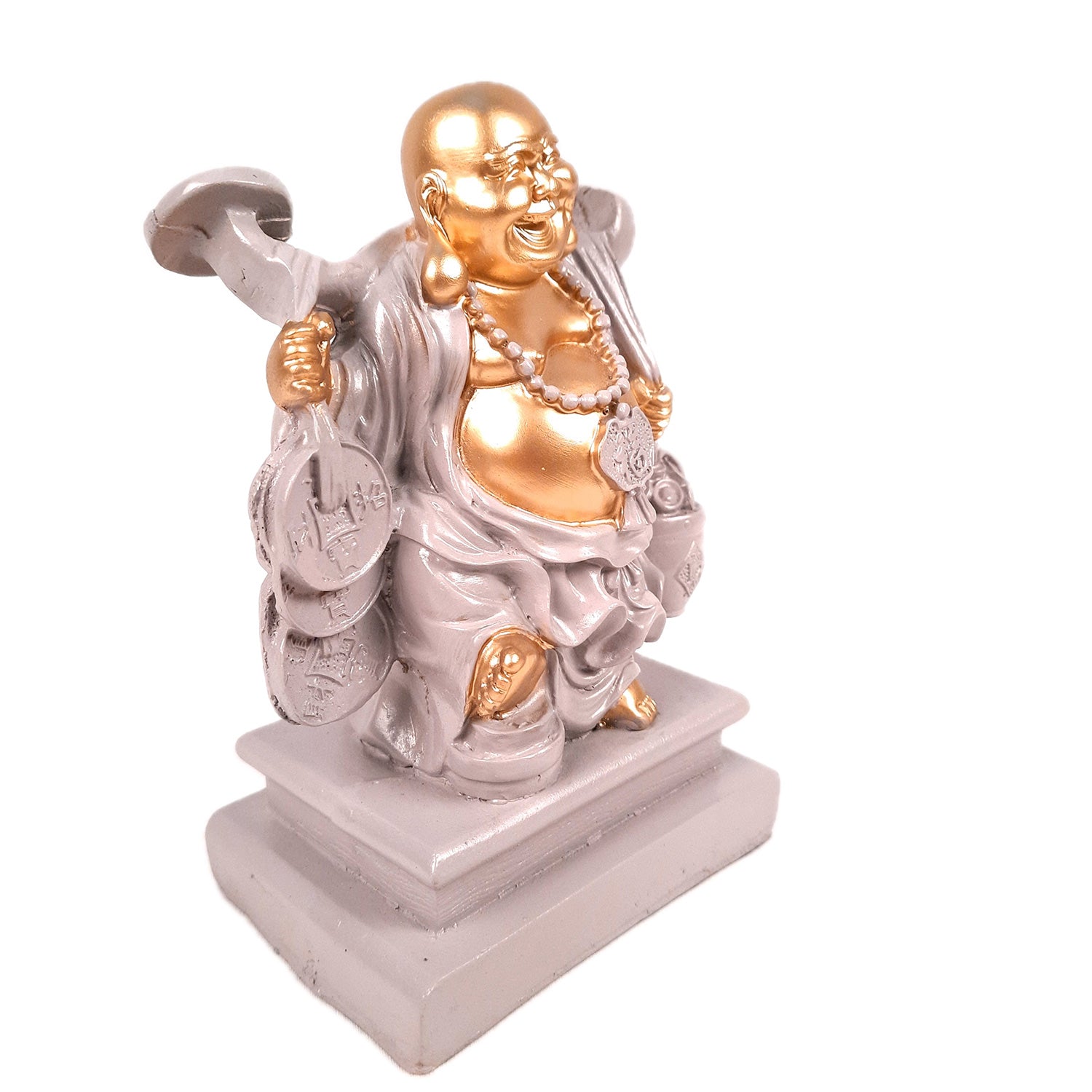 Laughing Buddha Showpiece - Standing On Coins Design - for Home & Table Decor, Health, Wealth & Gift - 9 Inch - apkamart #Style_Design 4