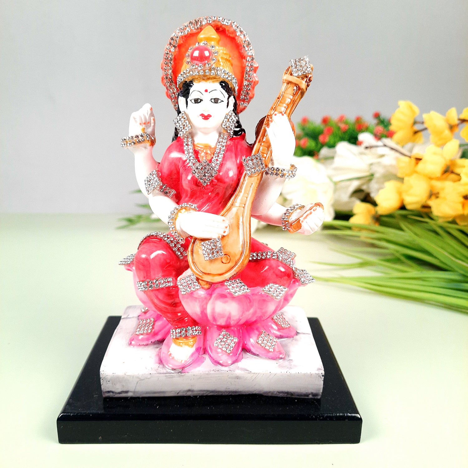 Saraswati Maa Statue | Goddess Sarasvati Idol - for Puja, Home Decor, Study, Kids & Living Room, Office Desk & Gifts - 7 Inch