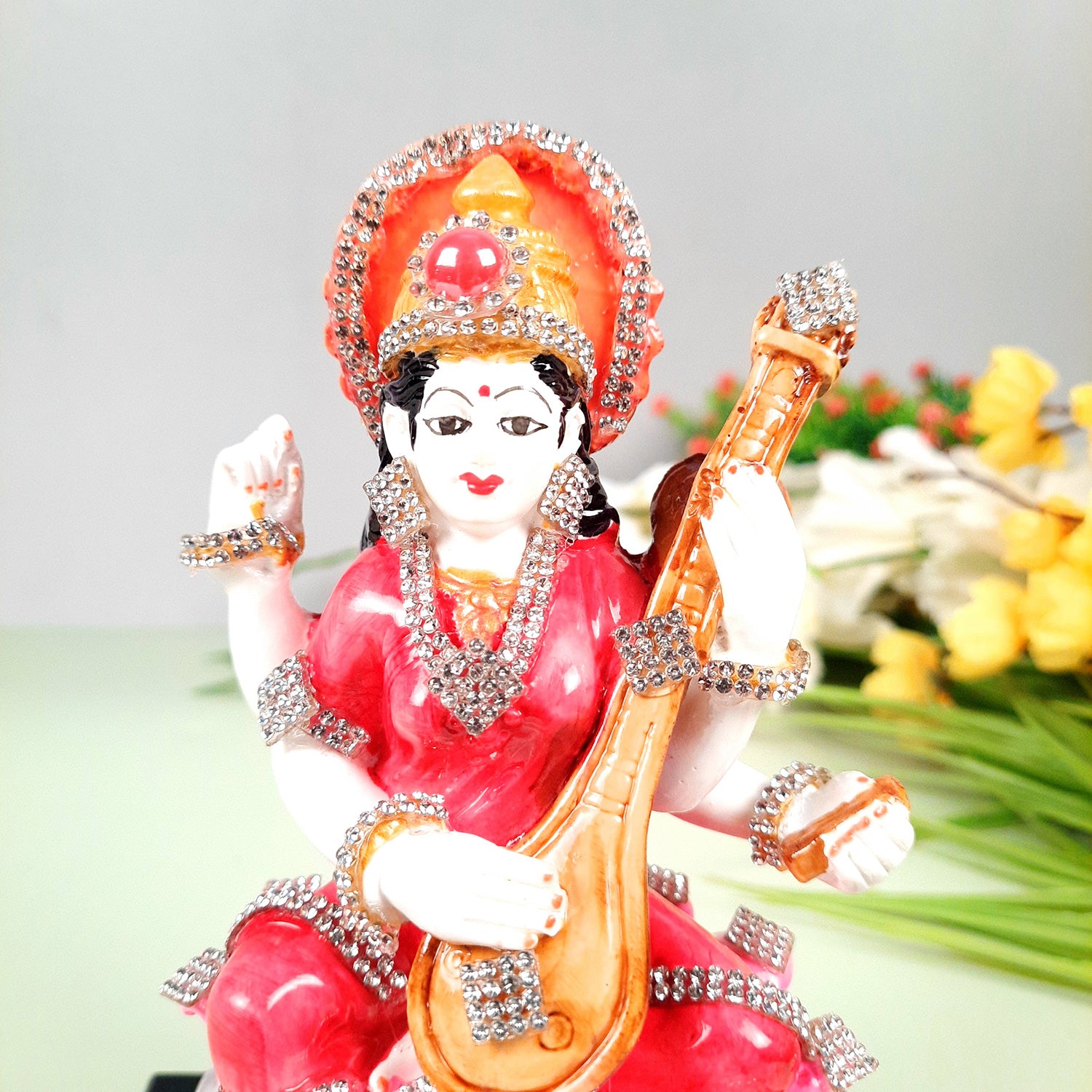 Saraswati Maa Statue | Goddess Sarasvati Idol - for Puja, Home Decor, Study, Kids & Living Room, Office Desk & Gifts - 7 Inch