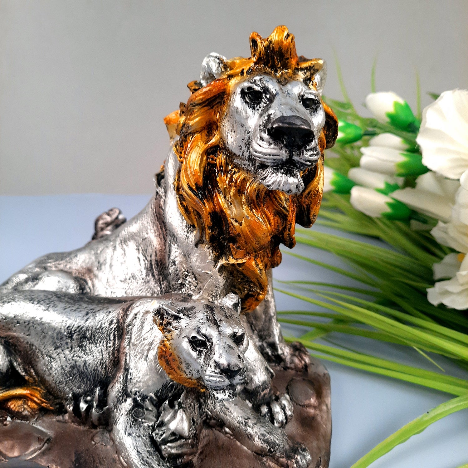 Lion - Lioness Showpiece | Tiger Couple Statue | Animal Figurines Sculpture - for Home Decor, Living Room, Table, Decor & Gifts - apkamart #Color_Silver