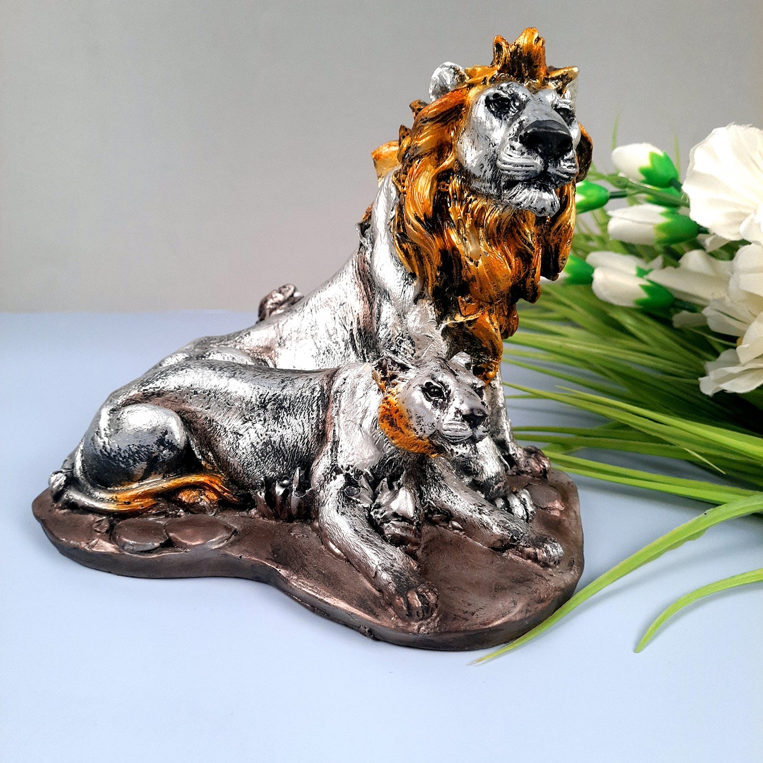 Lion - Lioness Showpiece | Tiger Couple Statue | Animal Figurines Sculpture - for Home Decor, Living Room, Table, Decor & Gifts - apkamart #Color_Silver