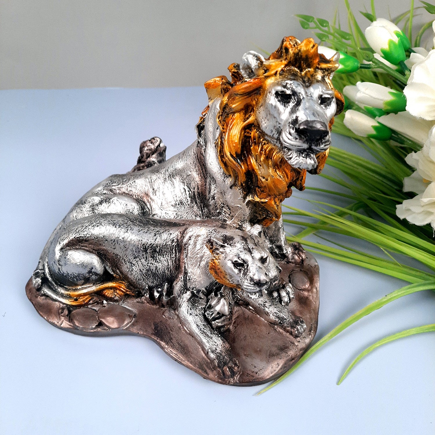 Lion - Lioness Showpiece | Tiger Couple Statue | Animal Figurines Sculpture - for Home Decor, Living Room, Table, Decor & Gifts - apkamart #Color_Silver