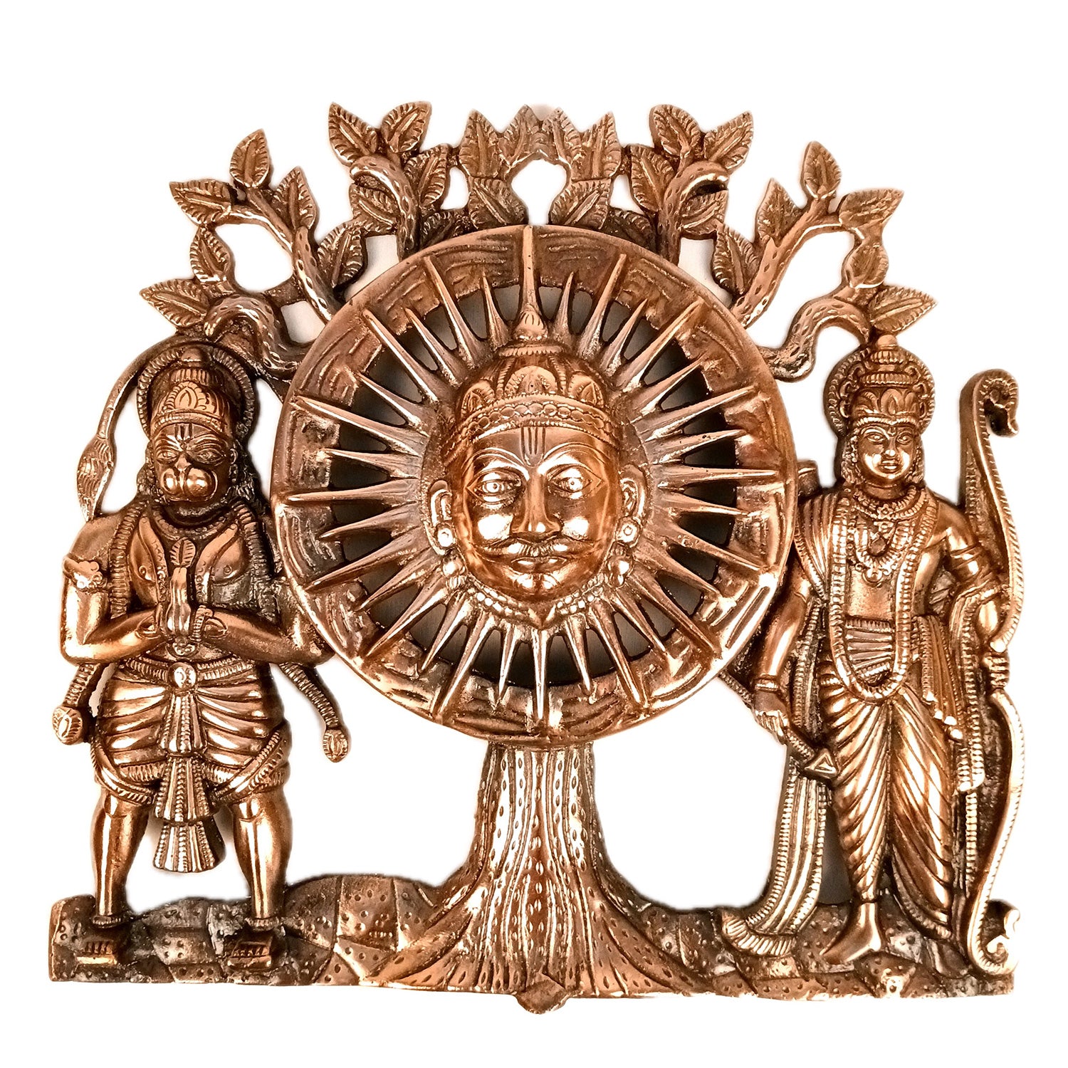 Sun God with Shri Ram & Hanuman Wall Hanging - Standing With Kalp Vriksha Design | Large Metal Wall Decor - for Home, Entrance, Living Room & Temple Decor - 15 Inch - Apkamart