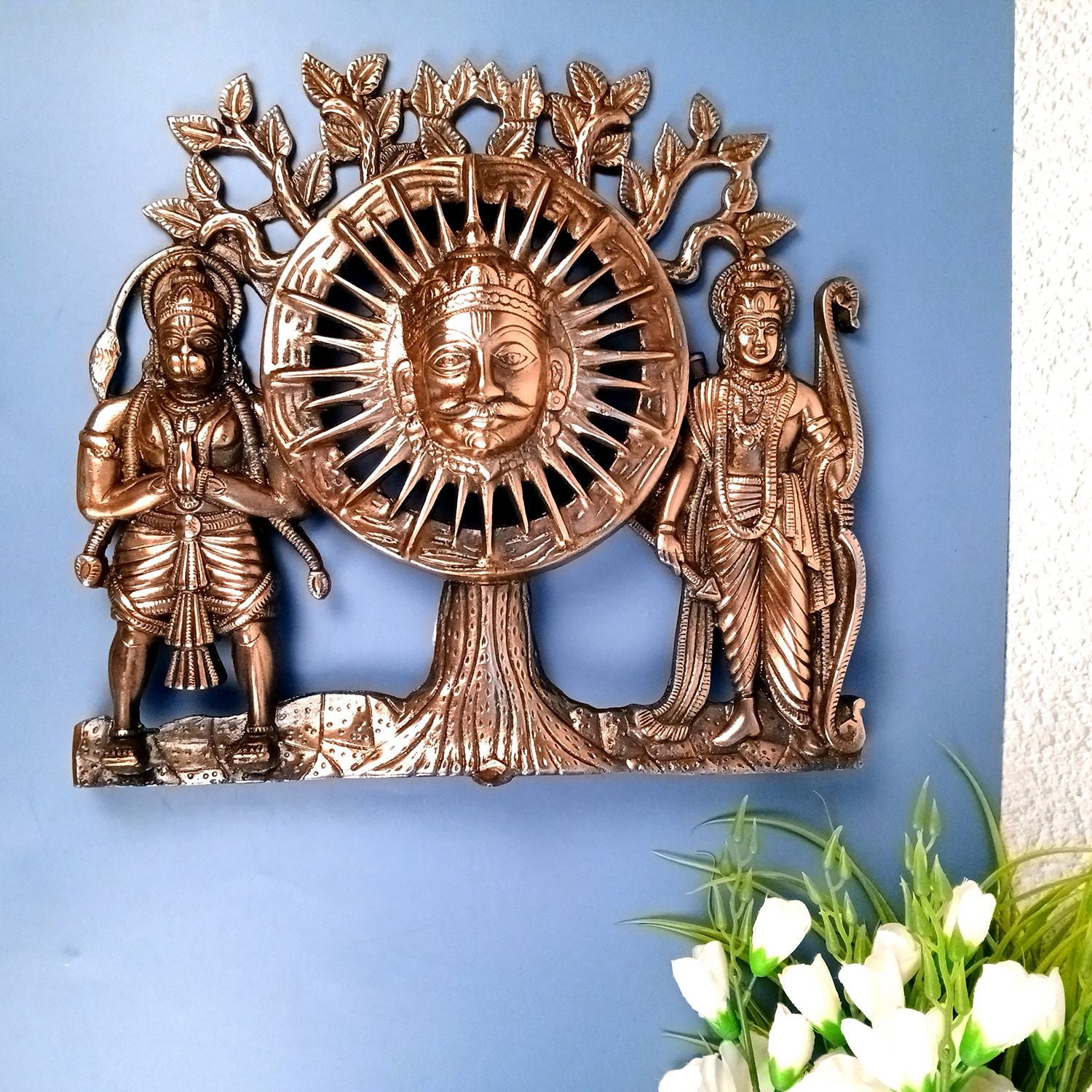 Sun God with Shri Ram & Hanuman Wall Hanging - Standing With Kalp Vriksha Design | Large Metal Wall Decor - for Home, Entrance, Living Room & Temple Decor - 15 Inch - Apkamart