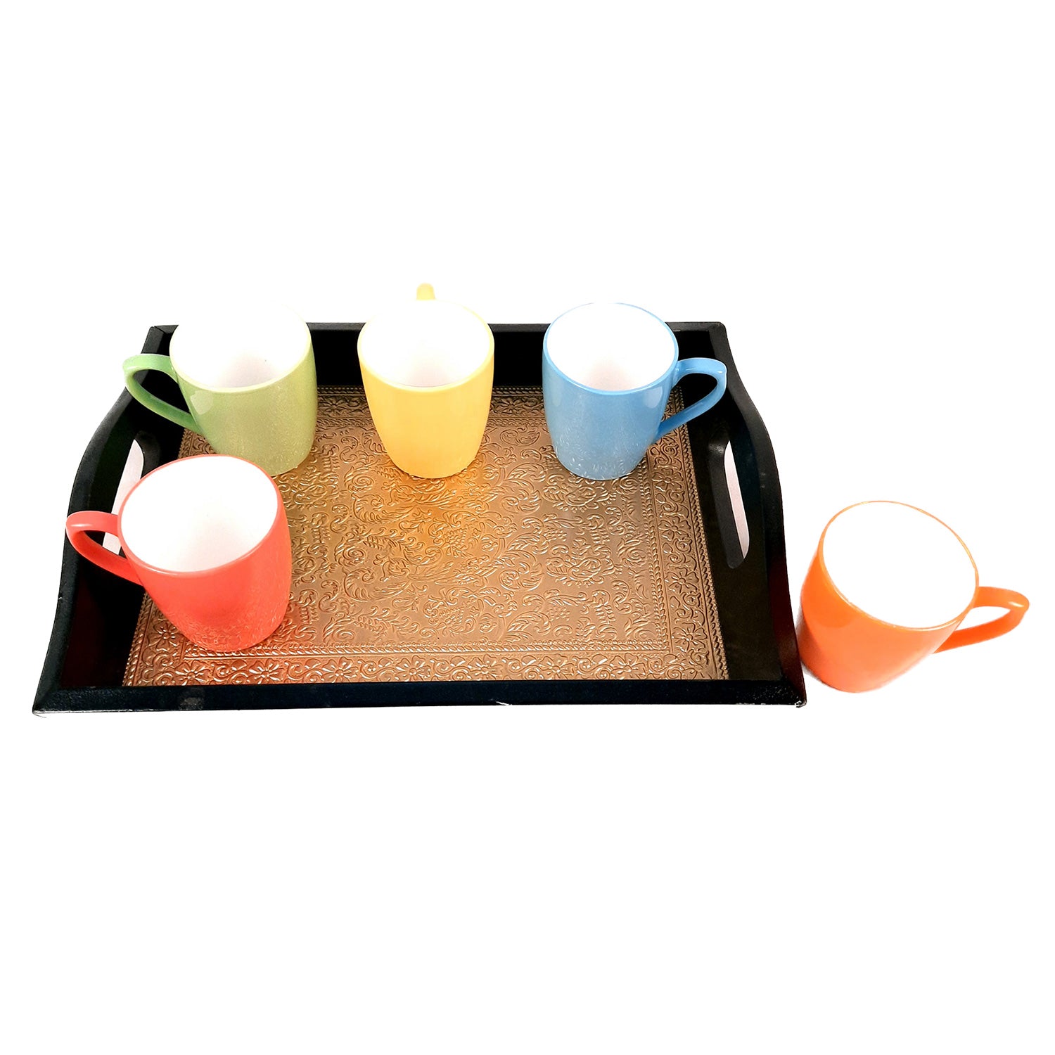 Brass Tray | Wooden Tea & Snacks Serving Platter Wooden | Tray With Handles - for Home, Dining Table, Kitchen Decor, Restaurants, Office, Cafe & Gifts - 14 Inch - Apkamart