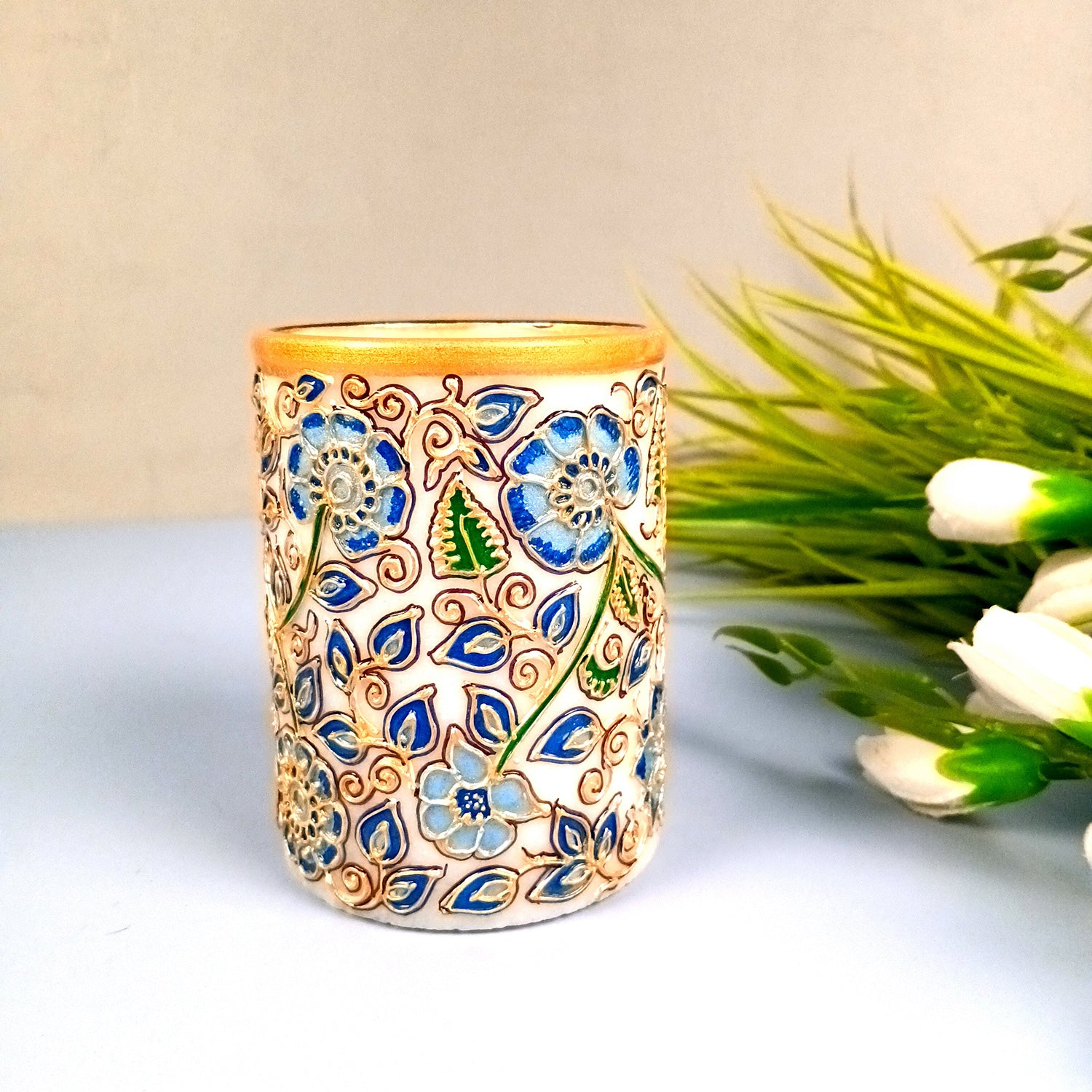 Multipurpose Holder For Pen, Cutlery, Napkin | Marble Decorative Stand With Meticulous Golden Emboss Work - For Home, office, Table, Dining, Kitchen Decor & Gifts - 4 Inch - Apkamart #Color_Blue