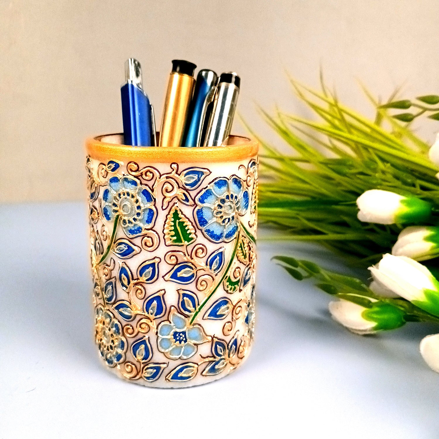 Multipurpose Holder For Pen, Cutlery, Napkin | Marble Decorative Stand With Meticulous Golden Emboss Work - For Home, office, Table, Dining, Kitchen Decor & Gifts - 4 Inch - Apkamart #Color_Blue