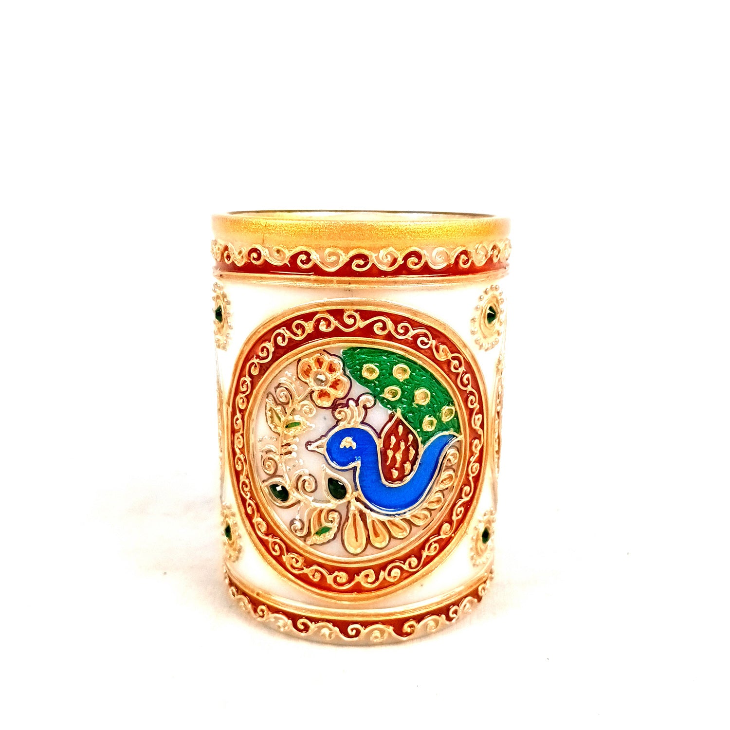 Multipurpose Holder For Pen, Cutlery, Napkin | Marble Decorative Stand With Golden Emboss & Kundan Work - For Home, office, Table, Dining, Kitchen Decor & Gifts - 4 Inch - Apkamrt #Style_Design 2