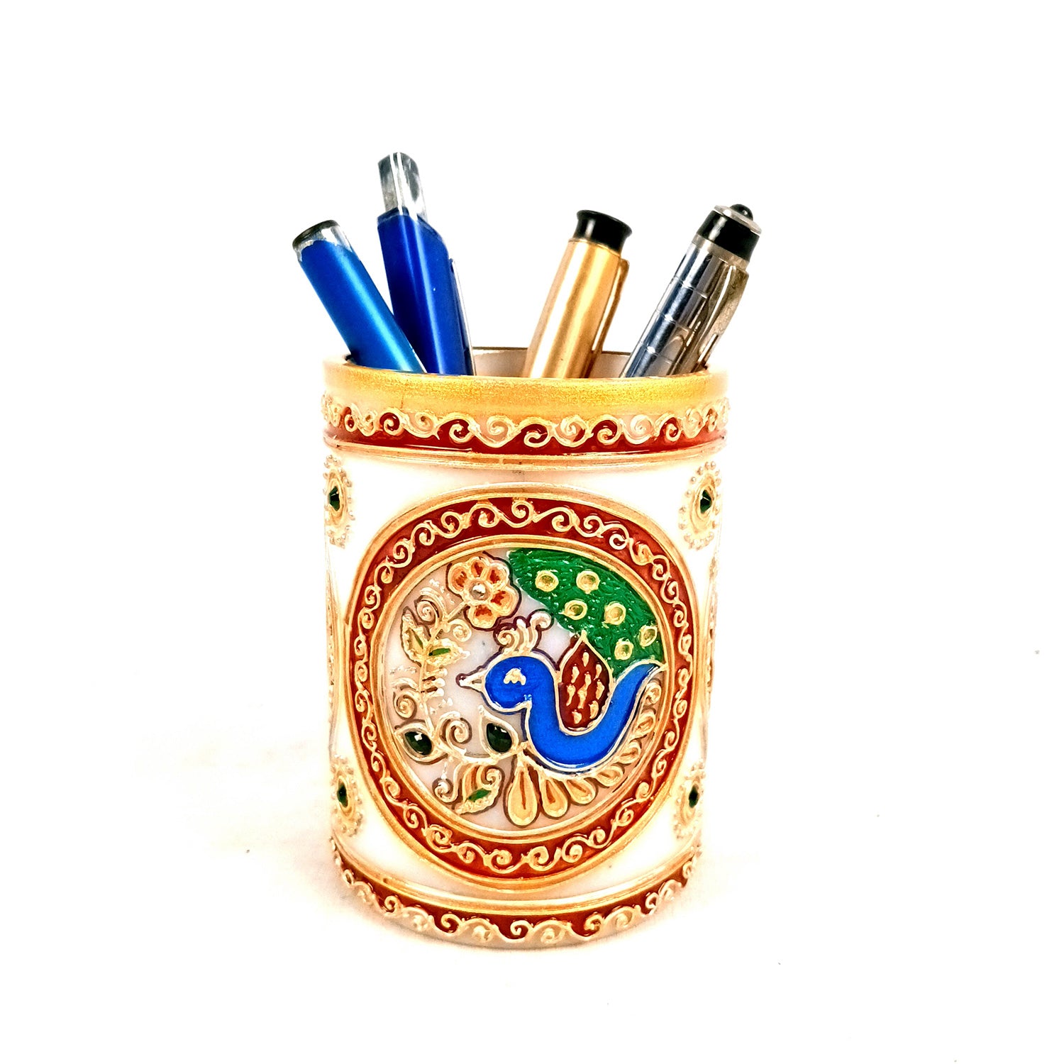 Multipurpose Holder For Pen, Cutlery, Napkin | Marble Decorative Stand With Golden Emboss & Kundan Work - For Home, office, Table, Dining, Kitchen Decor & Gifts - 4 Inch - Apkamrt #Style_Design 2