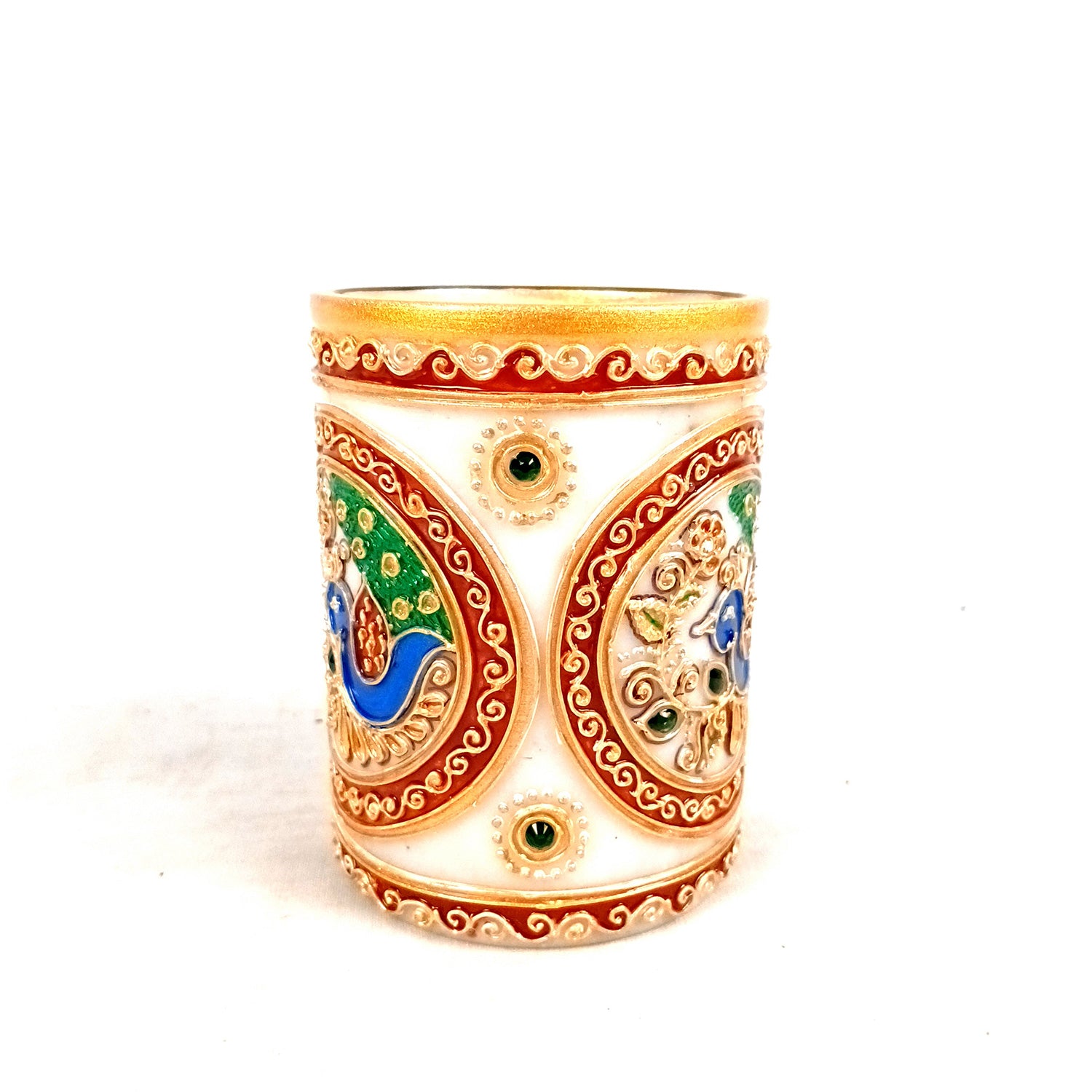 Multipurpose Holder For Pen, Cutlery, Napkin | Marble Decorative Stand With Golden Emboss & Kundan Work - For Home, office, Table, Dining, Kitchen Decor & Gifts - 4 Inch - Apkamrt #Style_Design 2