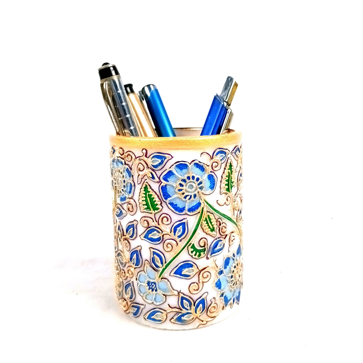 Multipurpose Holder For Pen, Cutlery, Napkin | Marble Decorative Stand With Meticulous Golden Emboss Work - For Home, office, Table, Dining, Kitchen Decor & Gifts - 4 Inch - Apkamart #Color_Blue