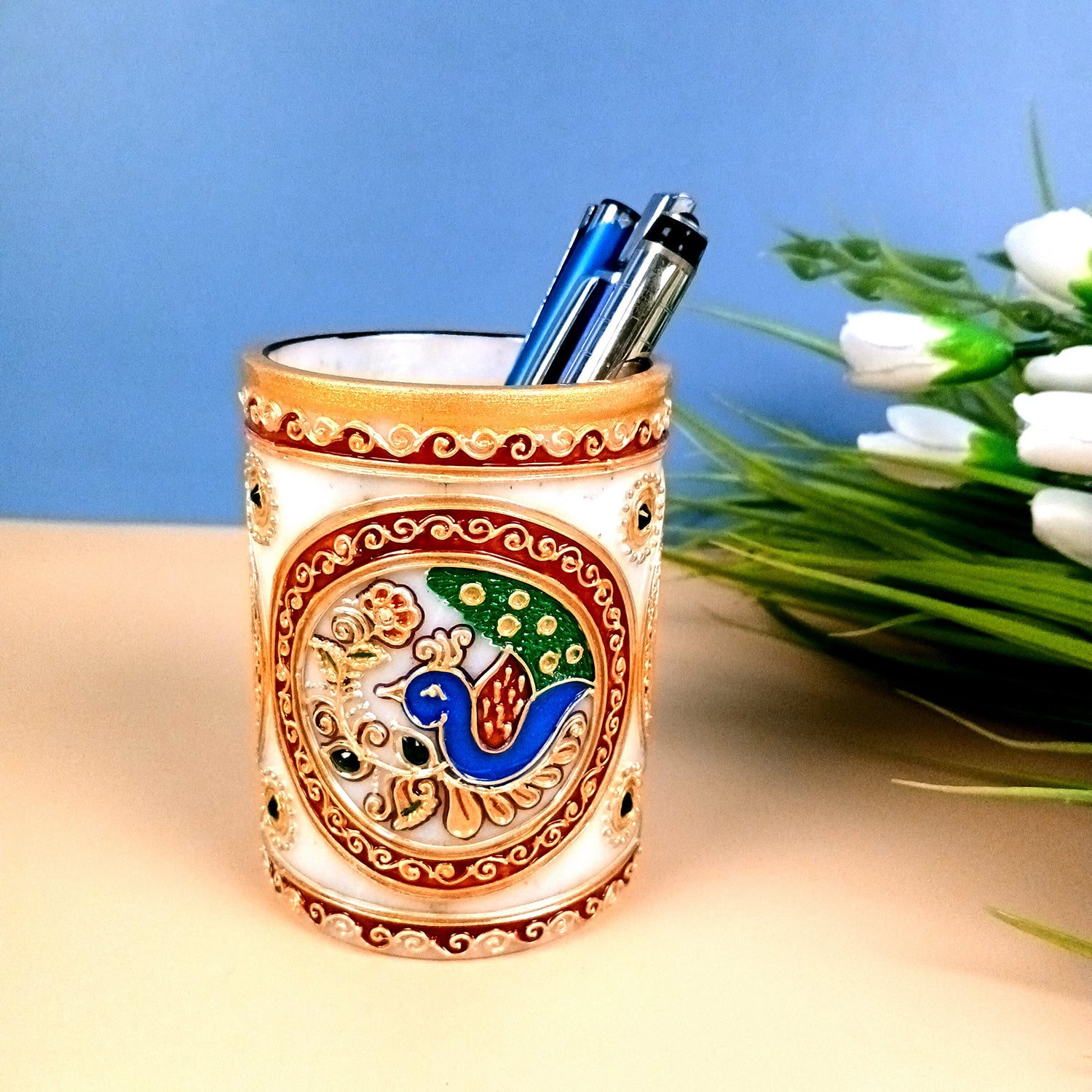 Multipurpose Holder For Pen, Cutlery, Napkin | Marble Decorative Stand With Golden Emboss & Kundan Work - For Home, office, Table, Dining, Kitchen Decor & Gifts - 4 Inch - Apkamrt #Style_Design 2