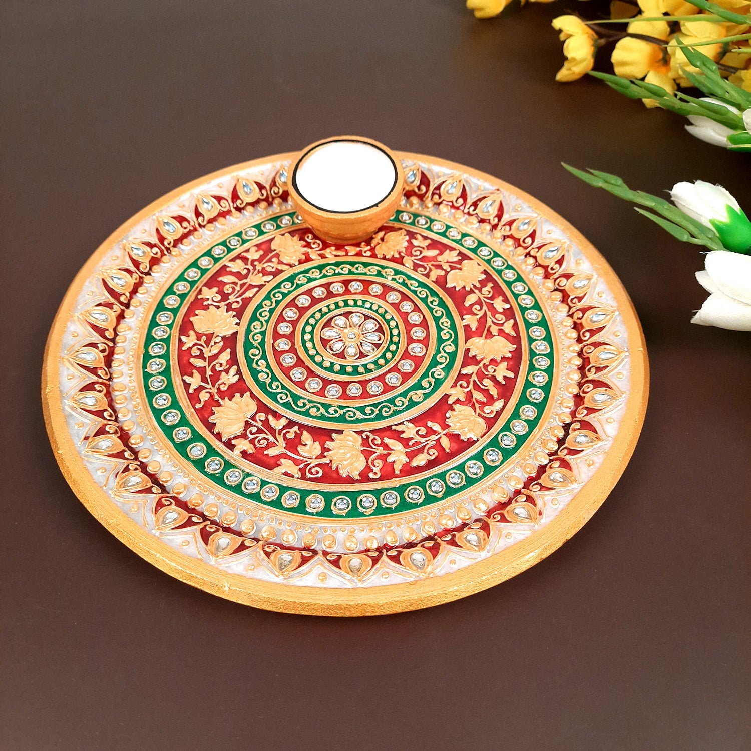 Marble Pooja Plate With Diya | Aarti Thali With Intricate Handwork - For Pooja, Weddings & Festivals - 9 Inch - apkamart
